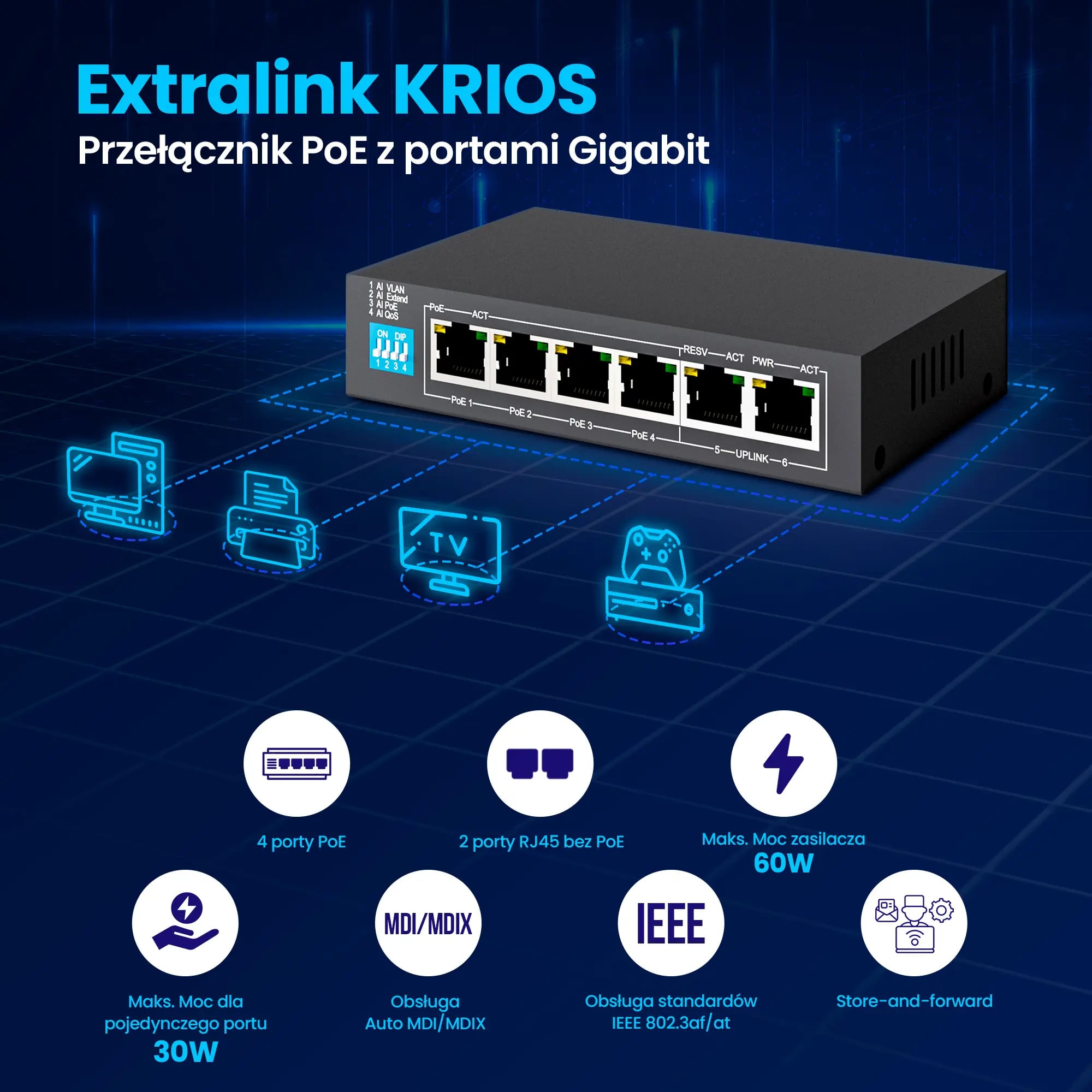 Extralink KRIOS | Switch PoE | 4x Gigabit PoE/PoE+, 2x RJ45 Uplink Gigabit, 60W