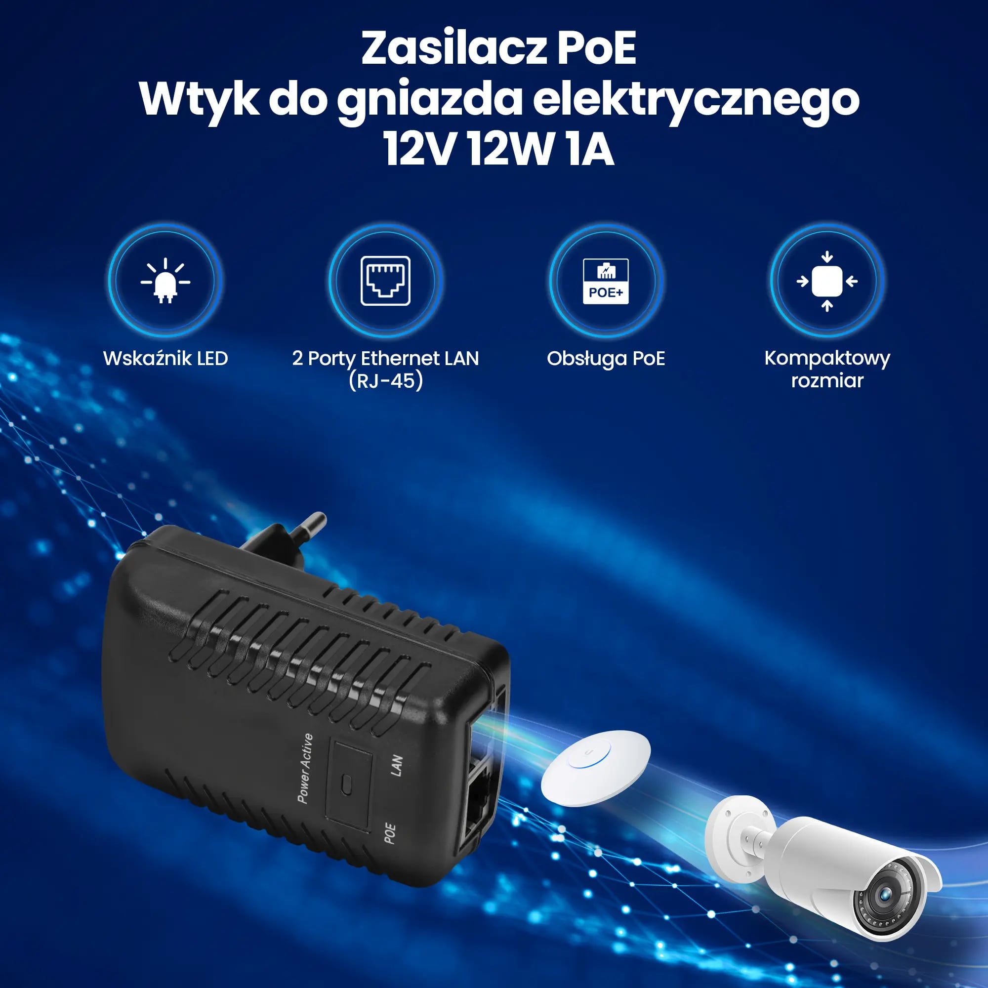 Extralink POE-12-12W | Zasilacz PoE | 12V, 1A, 12W, wtyk do gniazda elektrycznego