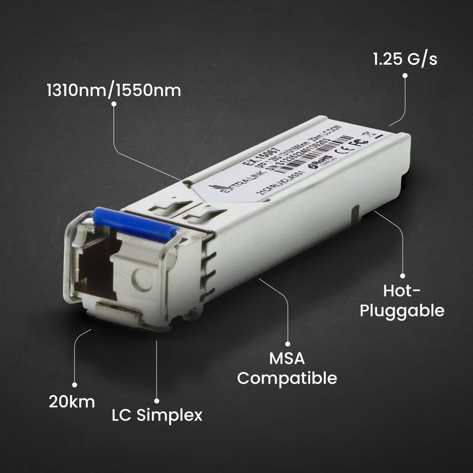Extralink SFP 1.25G | Moduł SFP WDM | 1,25Gbps, 1310/1550nm, single mode, 20km, LC, DOM, para, dedykowane dla HP/Aruba