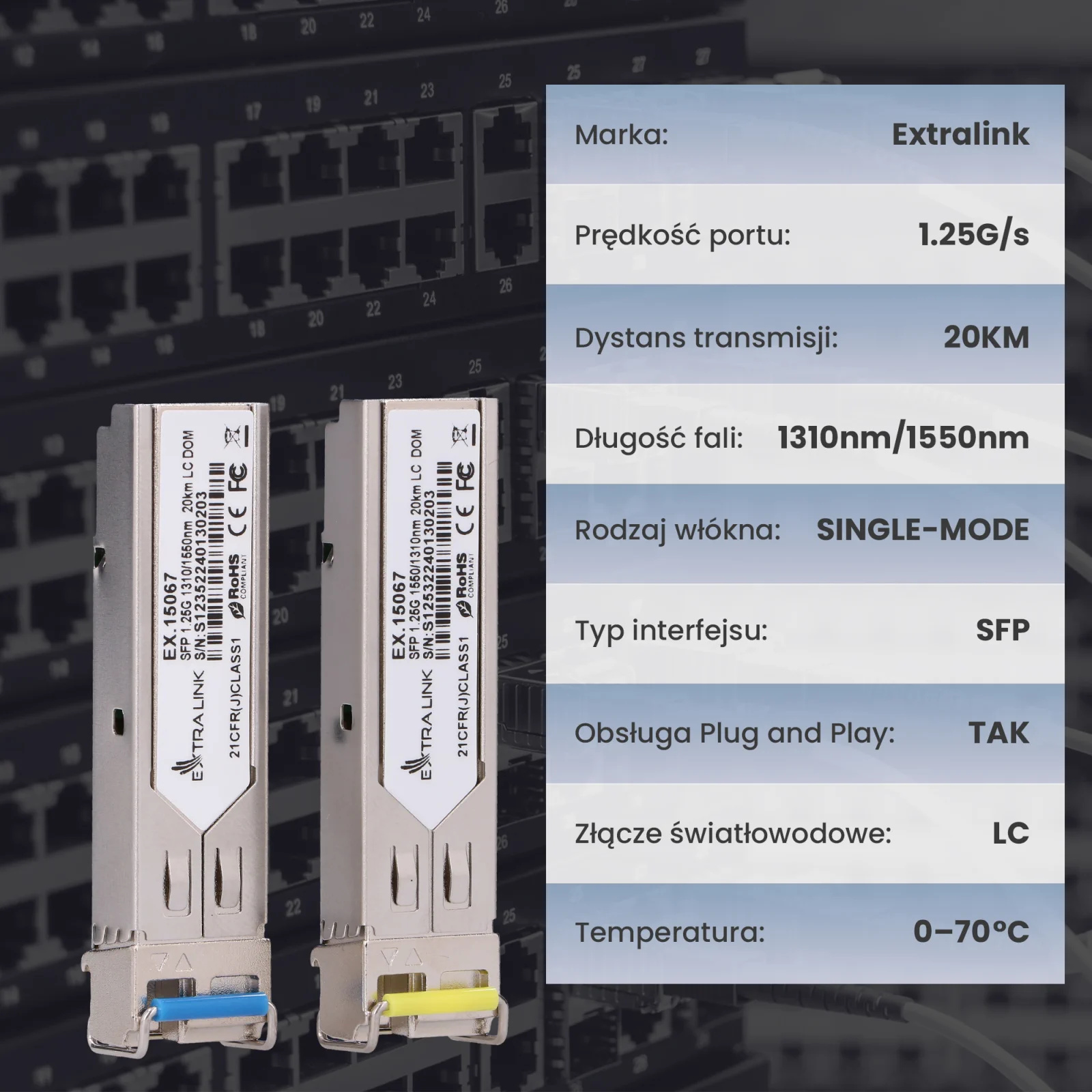 Extralink SFP 1.25G | Moduł SFP WDM | 1,25Gbps, 1310/1550nm, single mode, 20km, LC, DOM, para, dedykowane dla HP/Aruba
