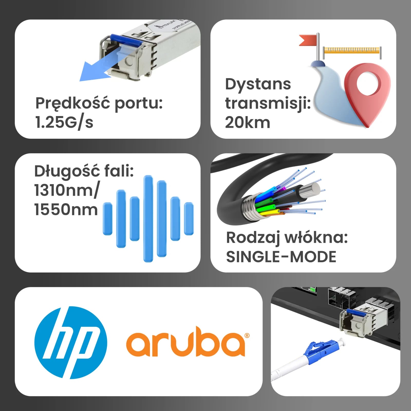 Extralink SFP 1.25G | Moduł SFP WDM | 1,25Gbps, 1310/1550nm, single mode, 20km, LC, DOM, para, dedykowane dla HP/Aruba