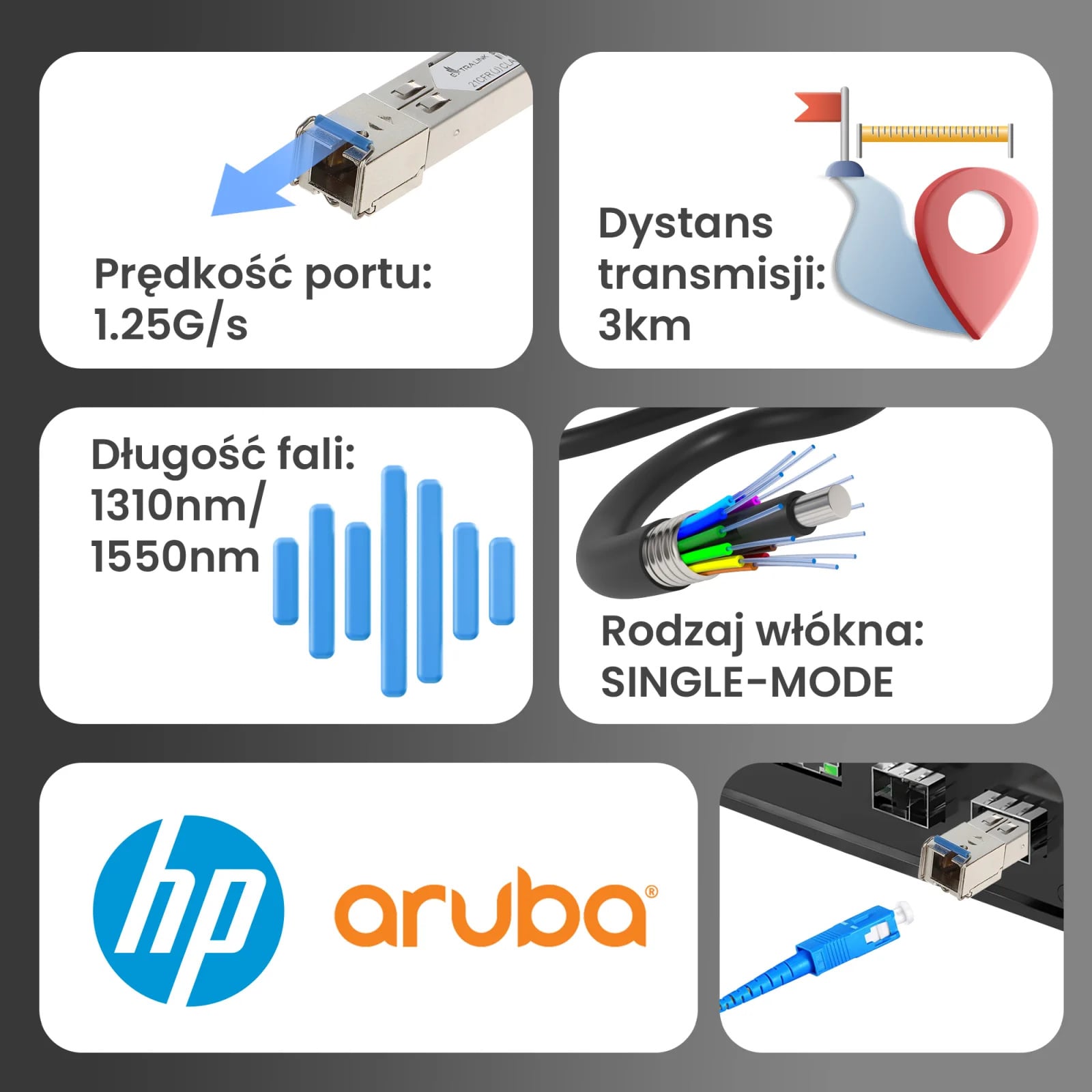 Extralink SFP 1.25G | Moduł SFP WDM | 1,25Gbps, 1310/1550nm, single mode, 3km, SC, DOM, para, dedykowany dla HP/Aruba