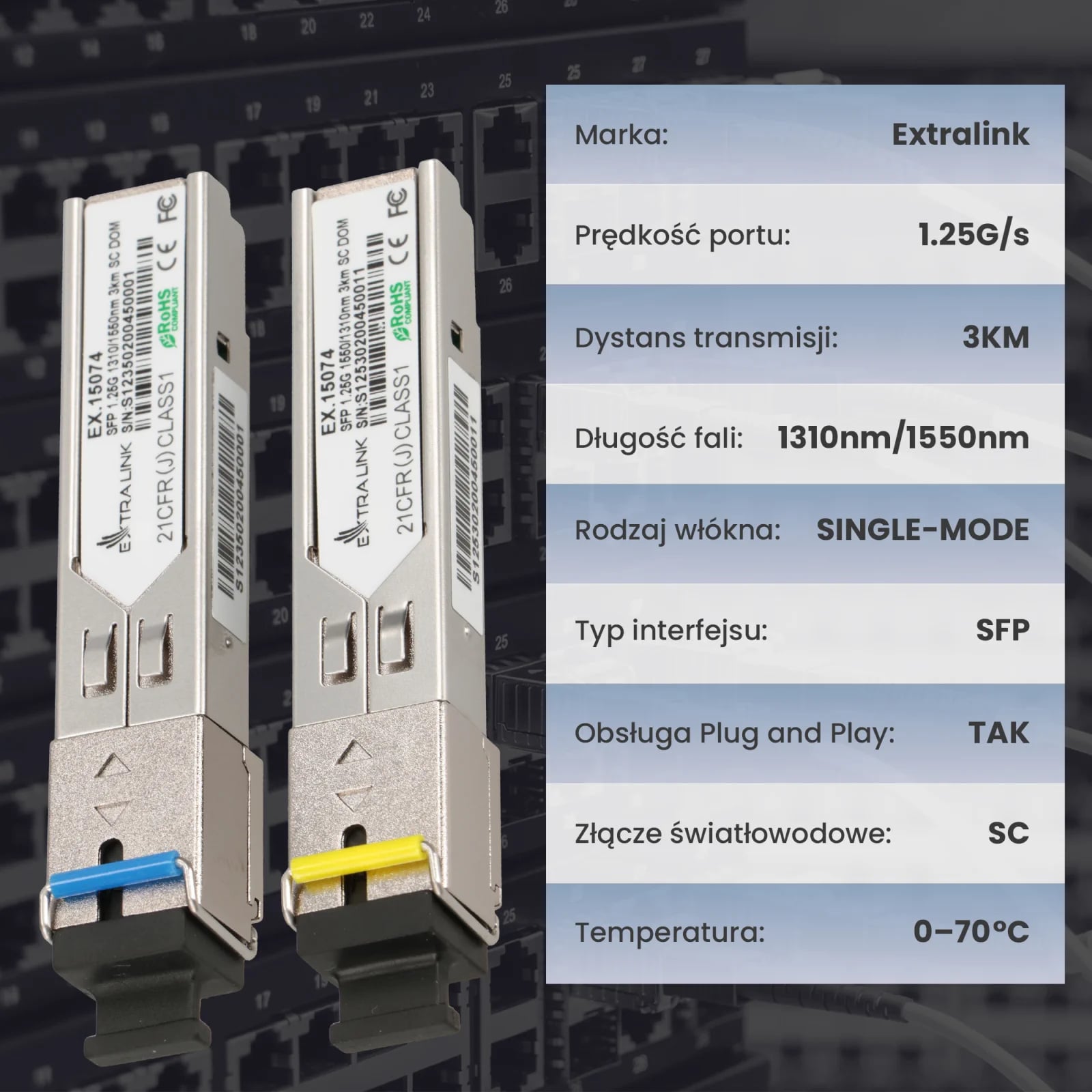 Extralink SFP 1.25G | Moduł SFP WDM | 1,25Gbps, 1310/1550nm, single mode, 3km, SC, DOM, para, dedykowany dla HP/Aruba