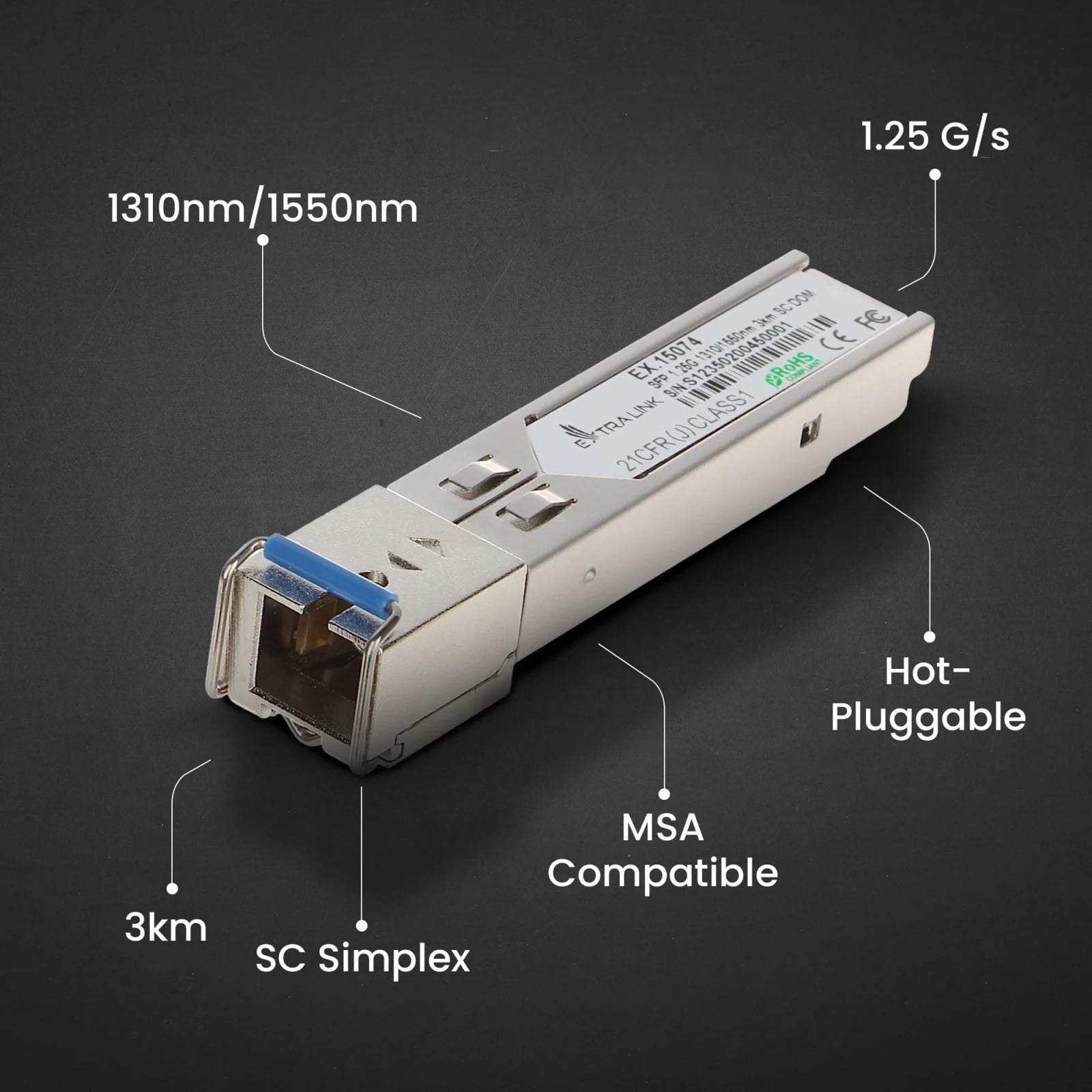 Extralink SFP 1.25G | Moduł SFP WDM | 1,25Gbps, 1310/1550nm, single mode, 3km, SC, DOM, para, dedykowany dla HP/Aruba
