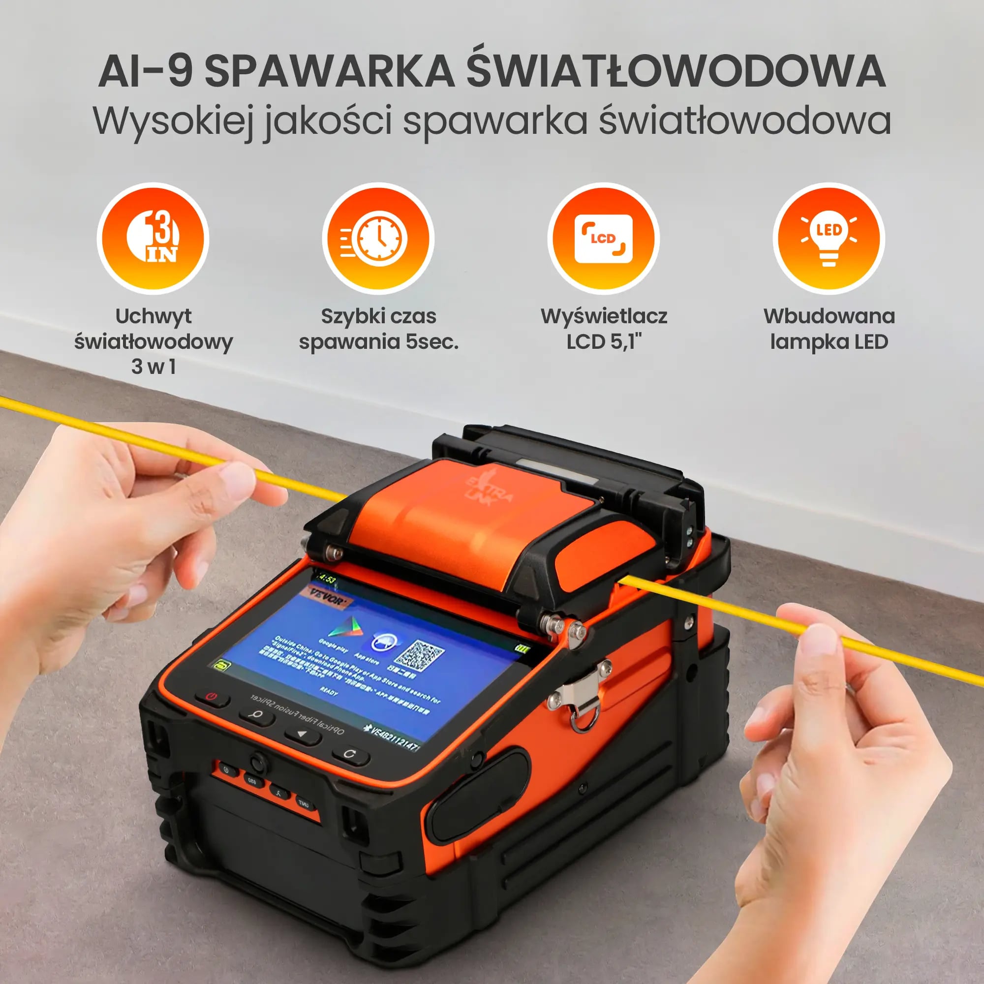 Extralink AI-9 | Spawarka światłowodowa | akumulator 7800mAh, lampa LED, wyświetlacz LCD 5,1