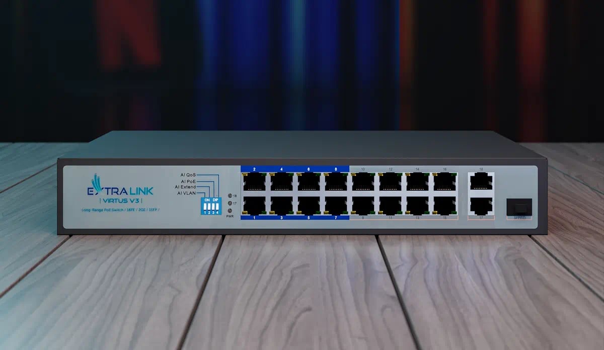 Extralink VIRTUS V3 | Switch PoE | 16x 100Mb/s PoE/PoE+, 2x Gigabit RJ45 + 1x SFP, 150W