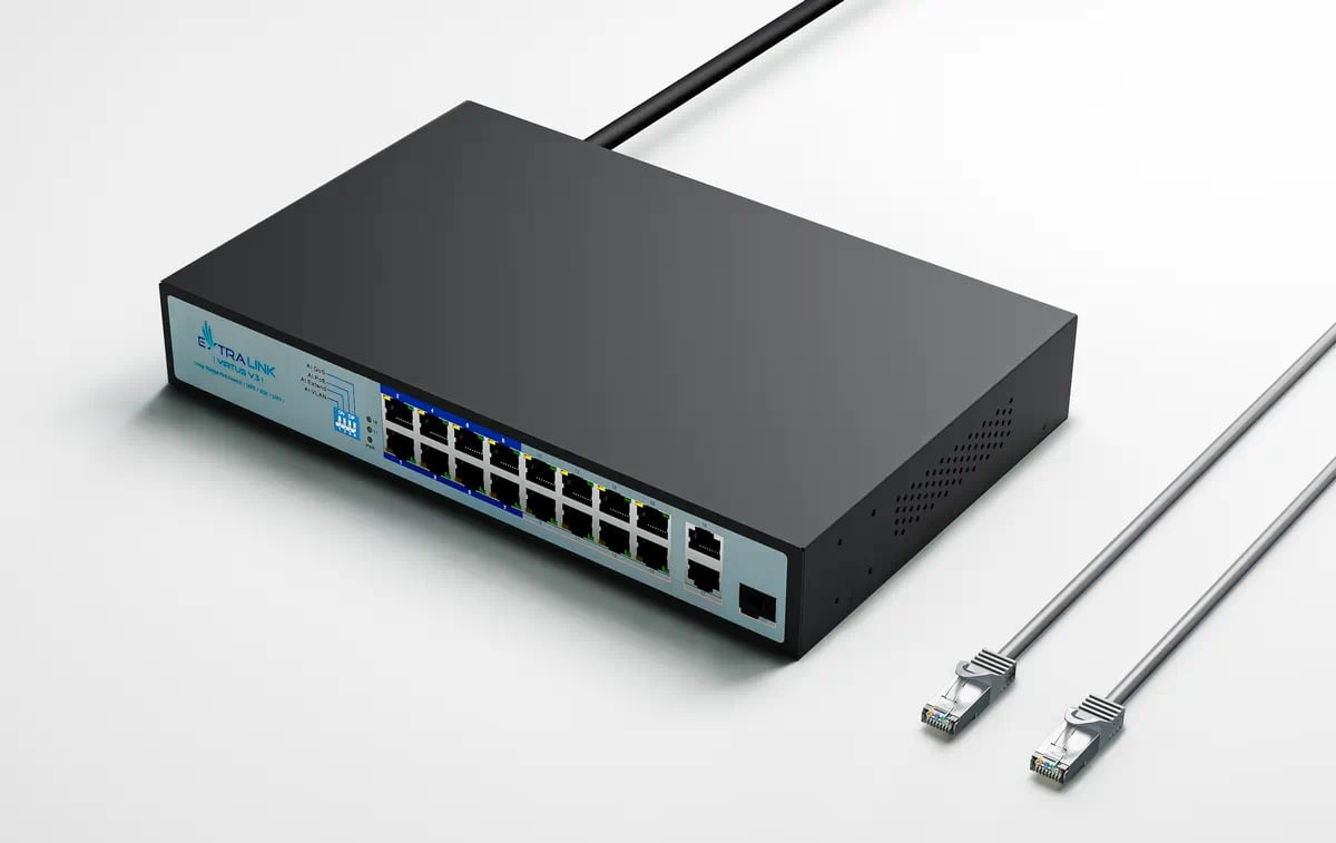 Extralink VIRTUS V3 | Switch PoE | 16x 100Mb/s PoE/PoE+, 2x Gigabit RJ45 + 1x SFP, 150W