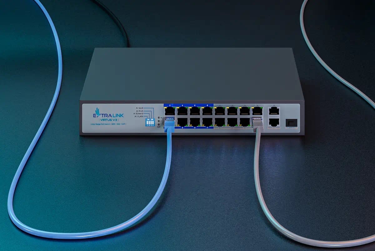 Extralink VIRTUS V3 | Switch PoE | 16x 100Mb/s PoE/PoE+, 2x Gigabit RJ45 + 1x SFP, 150W