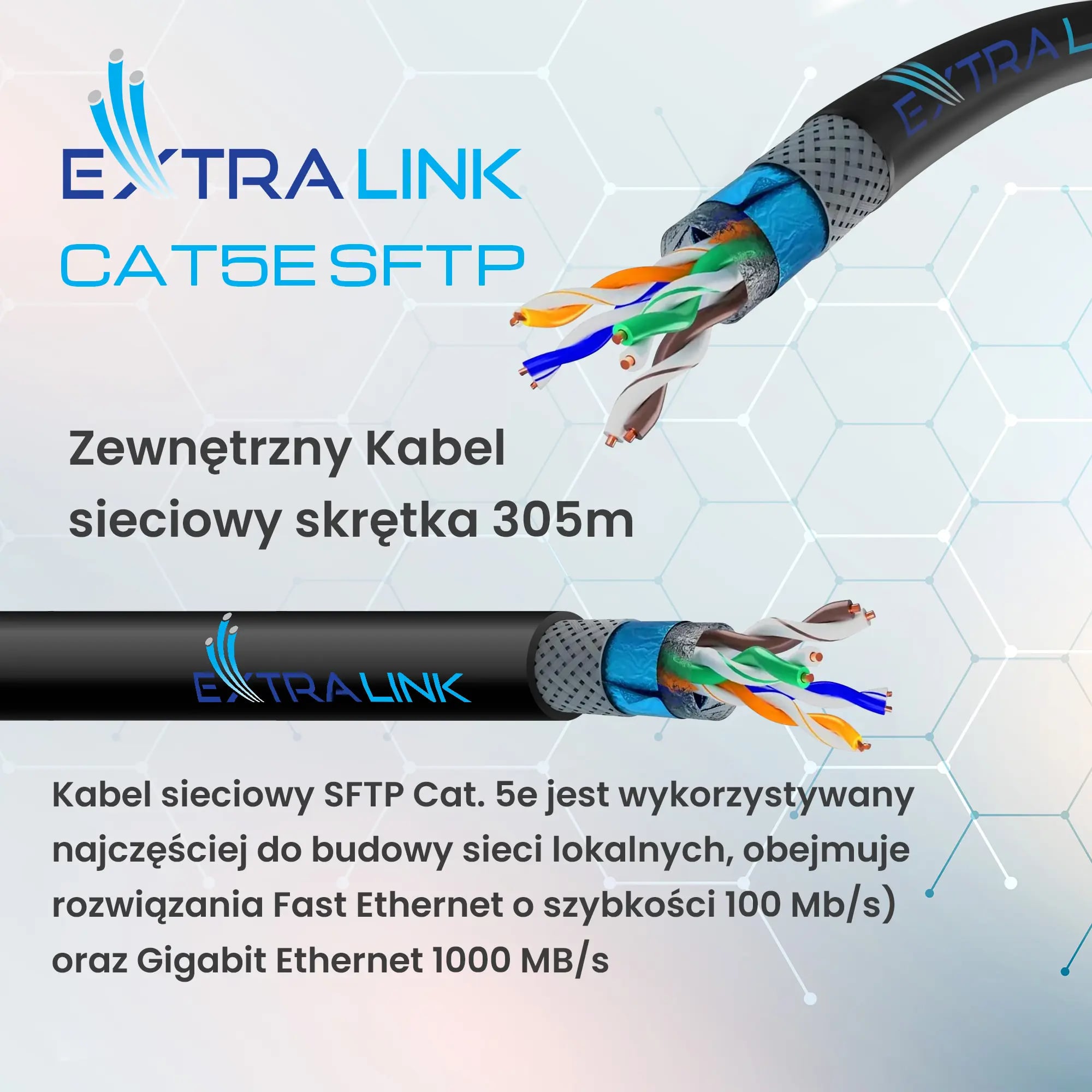 Extralink CAT5E SFTP (SF/UTP) V2 Zewnętrzny | Kabel sieciowy skrętka | 305M