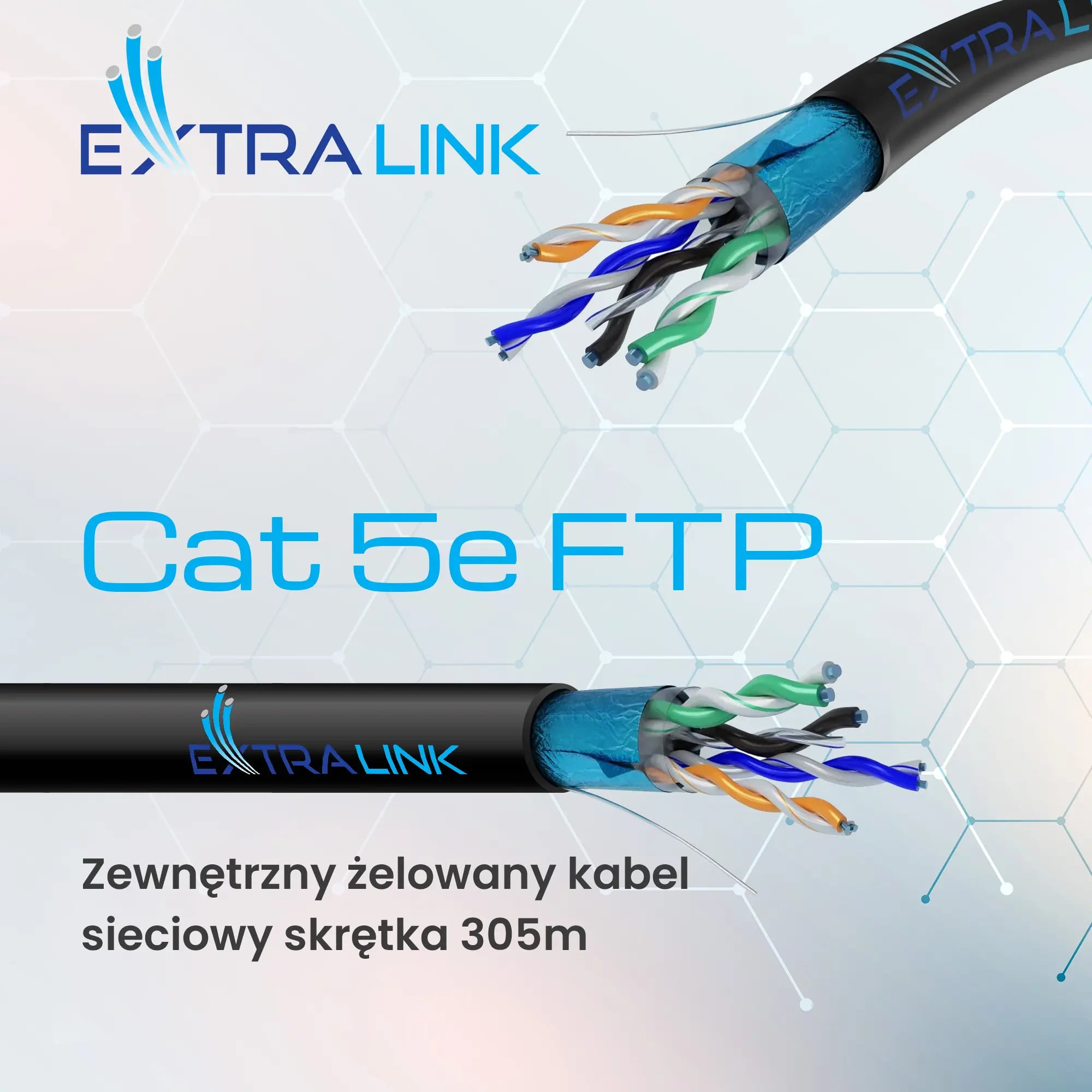 Extralink CAT5E FTP (F/UTP) Zewnętrzny żelowany | Kabel sieciowy skrętka | 305M