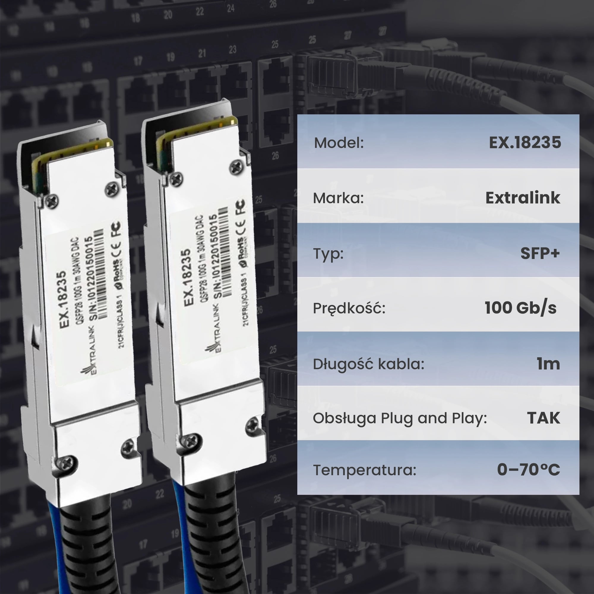 Extralink QSFP28 DAC | Kabel QSFP28 | DAC, 100G, 1m, 30AWG Passive