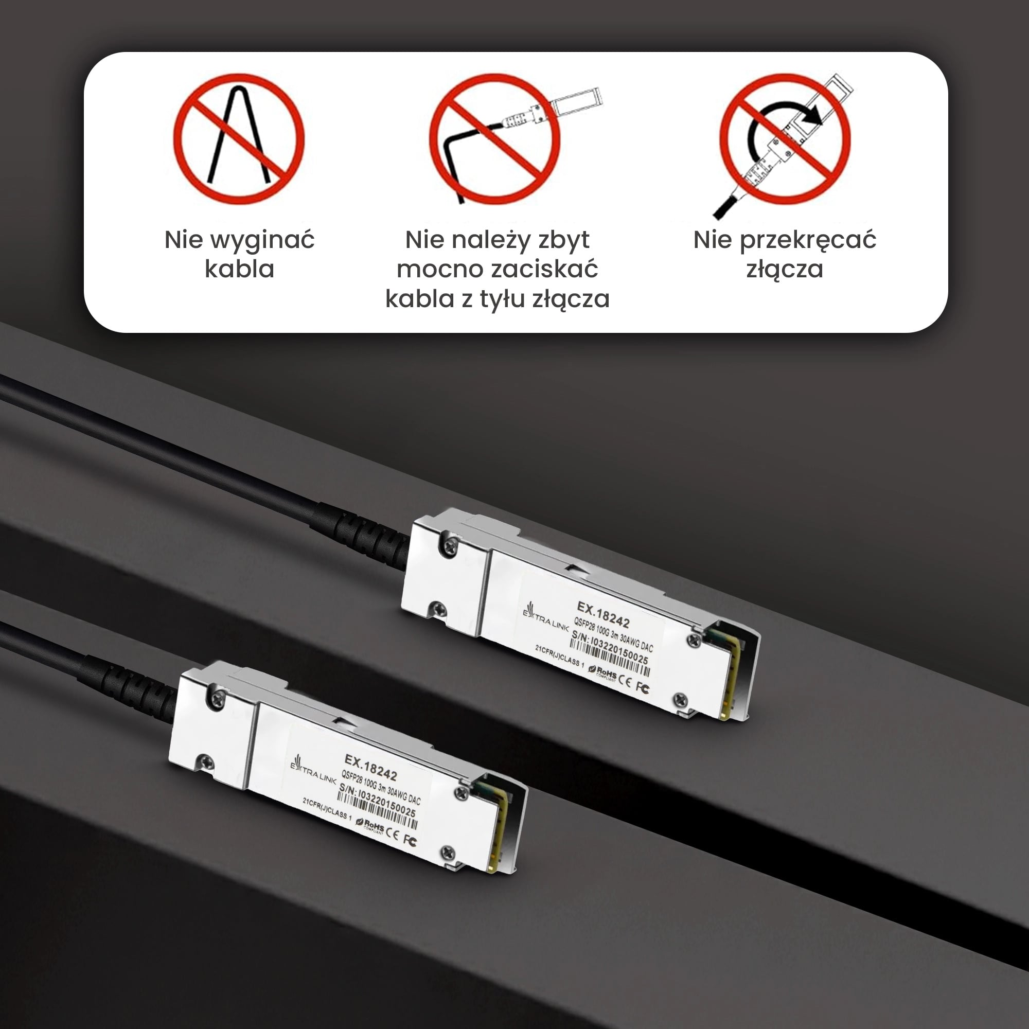 Extralink QSFP28 DAC | Kabel QSFP28 | DAC, 100G, 3m, 30AWG Passive