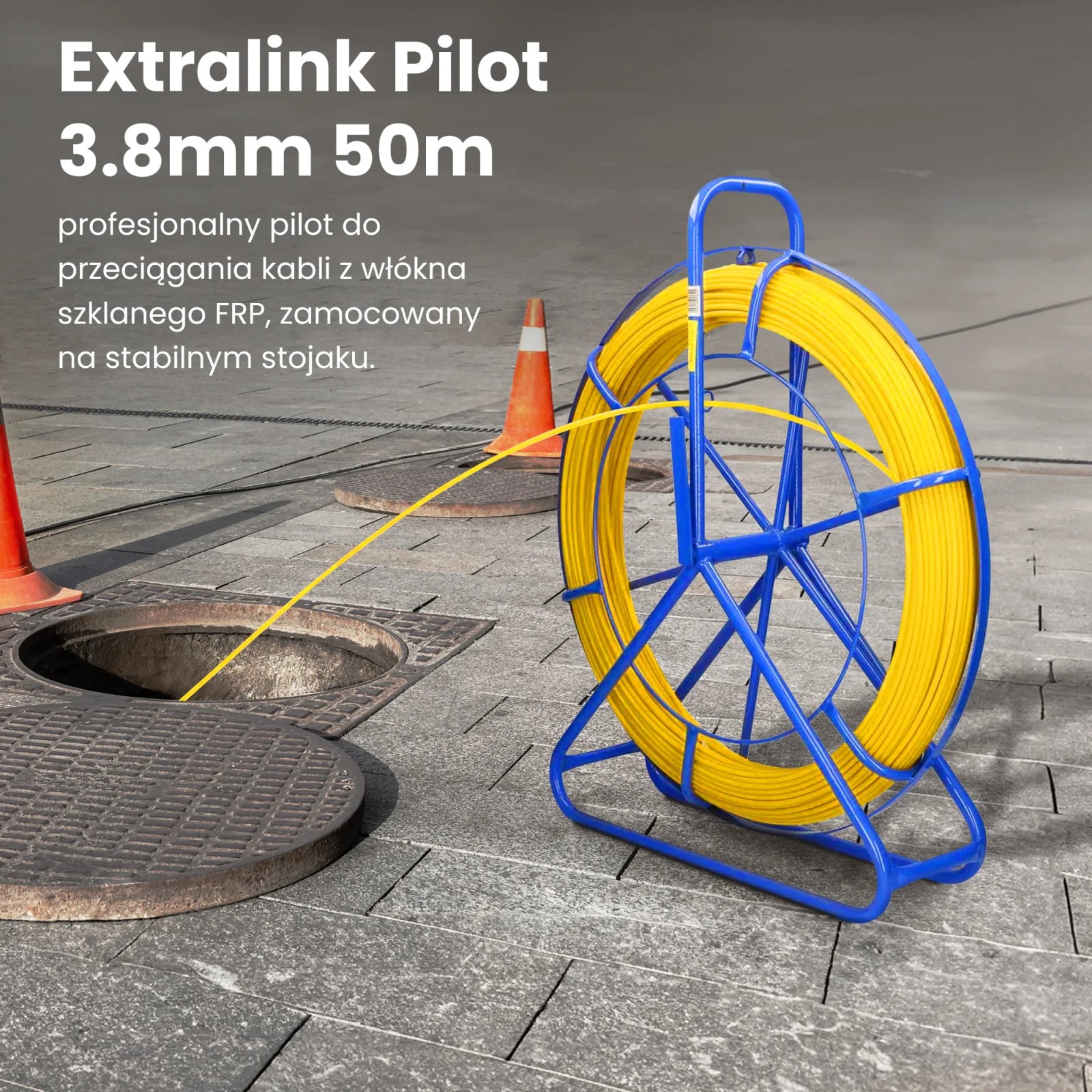 Extralink Pilot 3.8mm 50m | Pilot do przeciągania kabli | włókno szklane FRP, śr. 3,8mm, dł. 50m, żółty