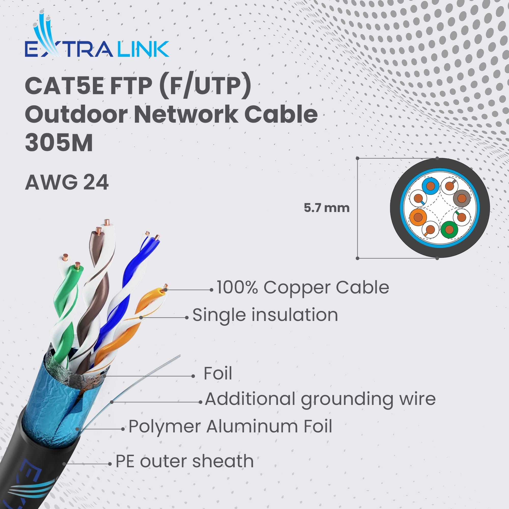 Extralink CAT5E FTP (F/UTP) V2 Zewnętrzny | Kabel sieciowy skrętka | 100M