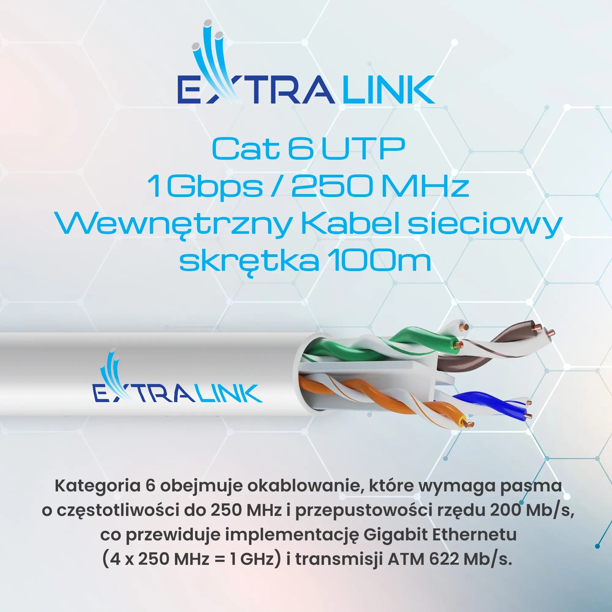 Extralink CAT6 UTP (U/UTP) V2 Wewnętrzny | Kabel sieciowy skrętka | 100M