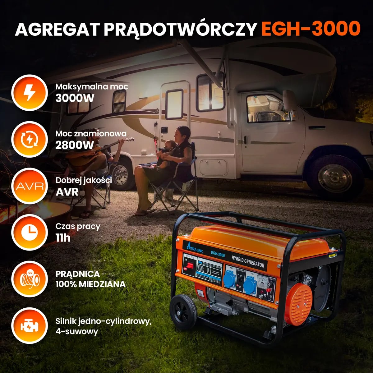 Extralink EGH-3000 | Agregat prądotwórczy | hybrydowy, 3kW 1F