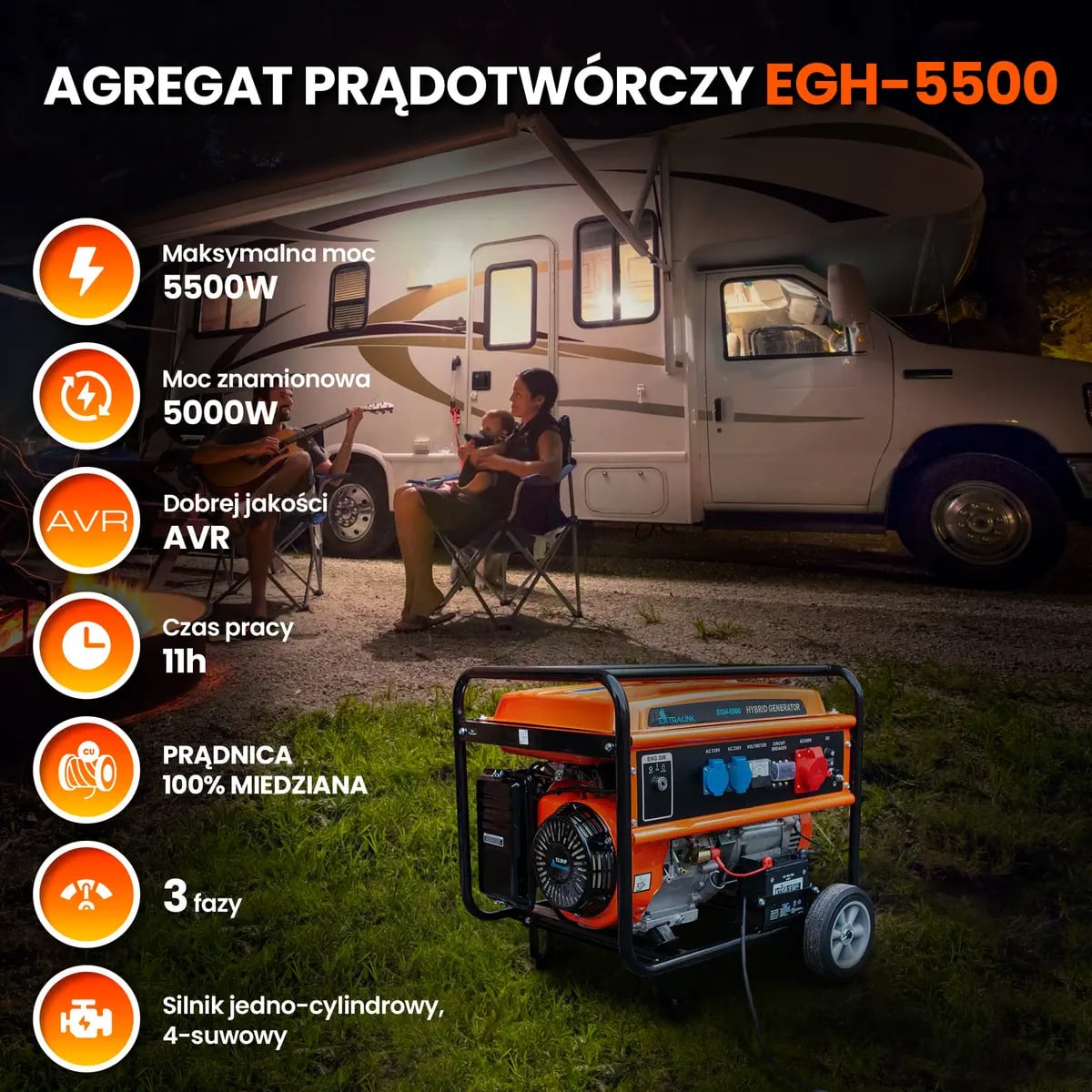 Extralink EGH-5500 | Agregat prądotwórczy | hybrydowy, 5,5kW 3F