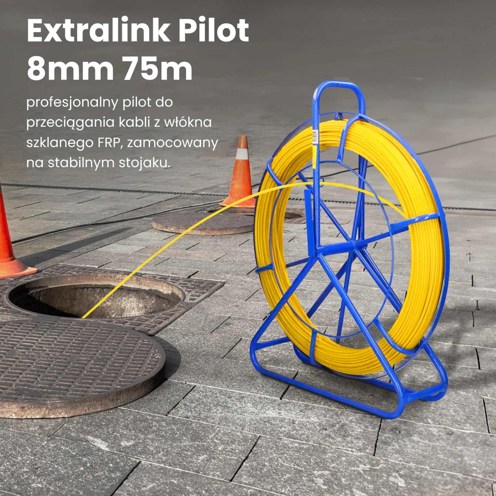 Extralink Pilot 8mm 75m | Pilot do przeciągania kabli | włókno szklane FRP, śr. 8mm, dł. 75m, żółty