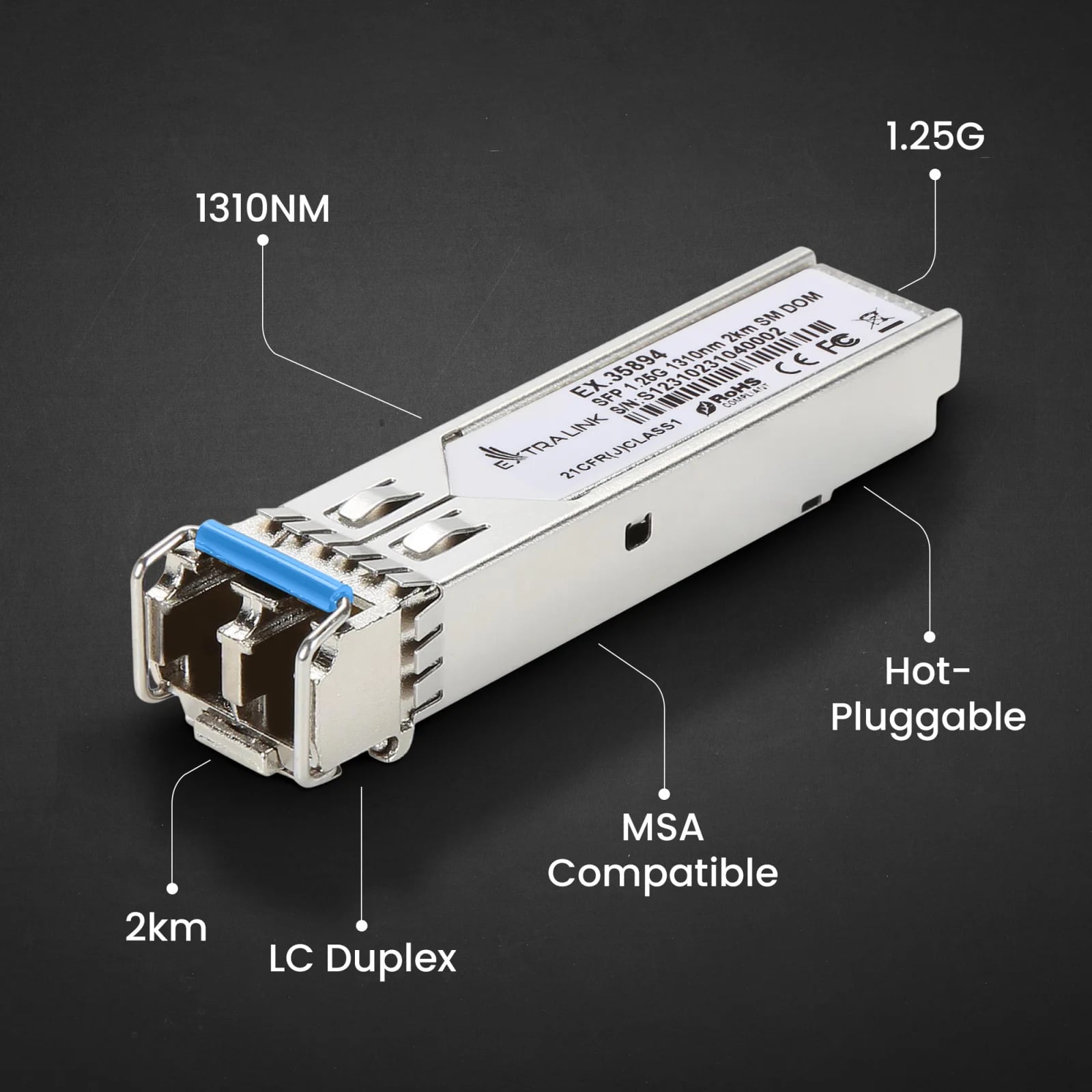 Extralink SFP 1.25G 2-pack | Moduł SFP | 1,25Gbps, LC/UPC, 1310nm, 2km, single mode, DOM