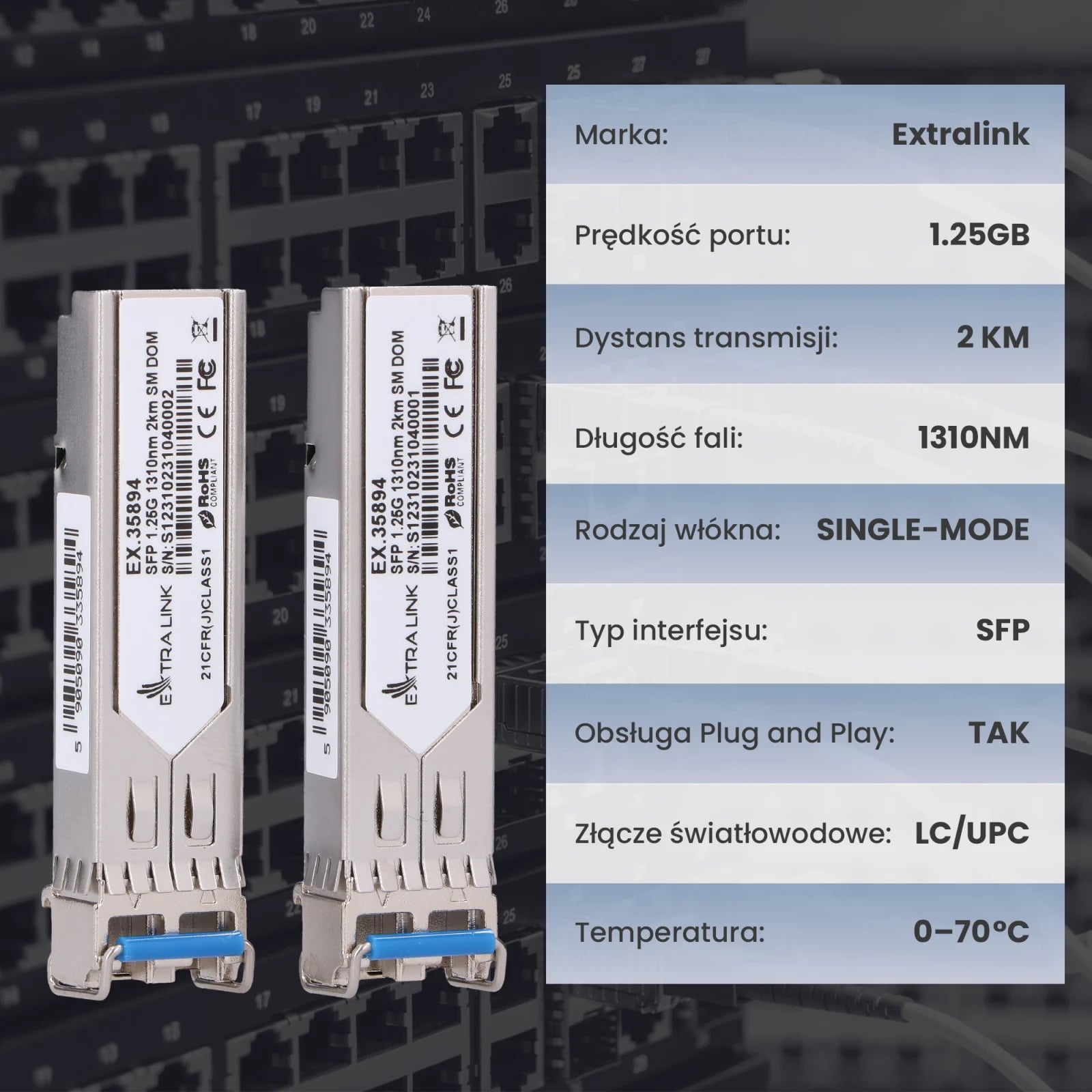 Extralink SFP 1.25G 2-pack | Moduł SFP | 1,25Gbps, LC/UPC, 1310nm, 2km, single mode, DOM