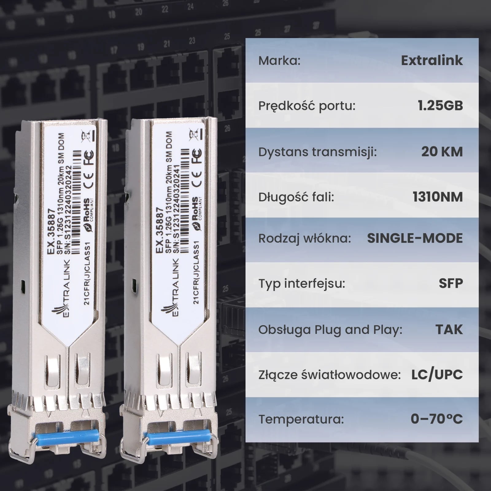 Extralink SFP 1.25G 2-pack | Moduł SFP | 1,25Gbps, LC/UPC, 1310nm, 20km, single mode, DOM