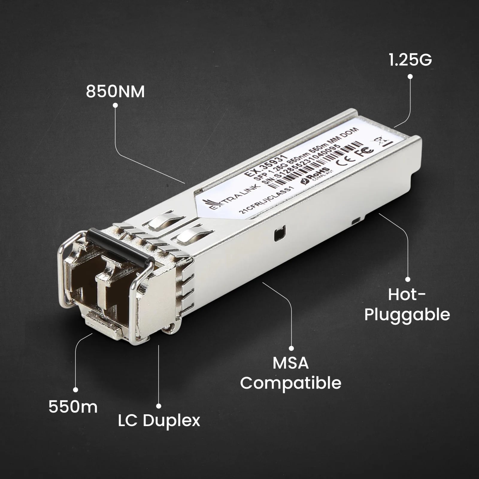 Extralink SFP 1.25G 2-pack | Moduł SFP | 1,25Gbps, LC/UPC, 850nm, 550m, multi mode, DOM, Dedicated to HP/Aruba