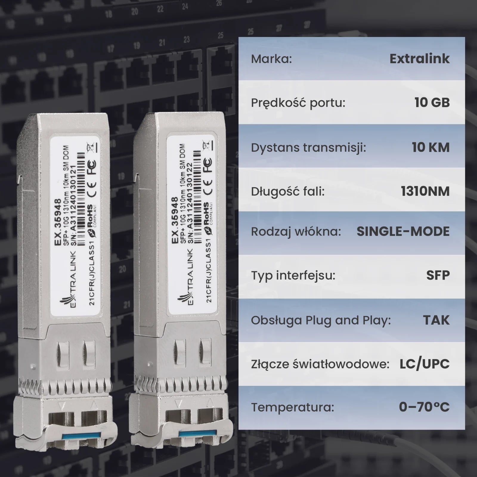 Extralink SFP+ 10G 2-pack | Moduł SFP+ | 10Gbps, LC/UPC, 1310nm, 10km, single mode, DOM, dedykowany dla HP/ARUBA