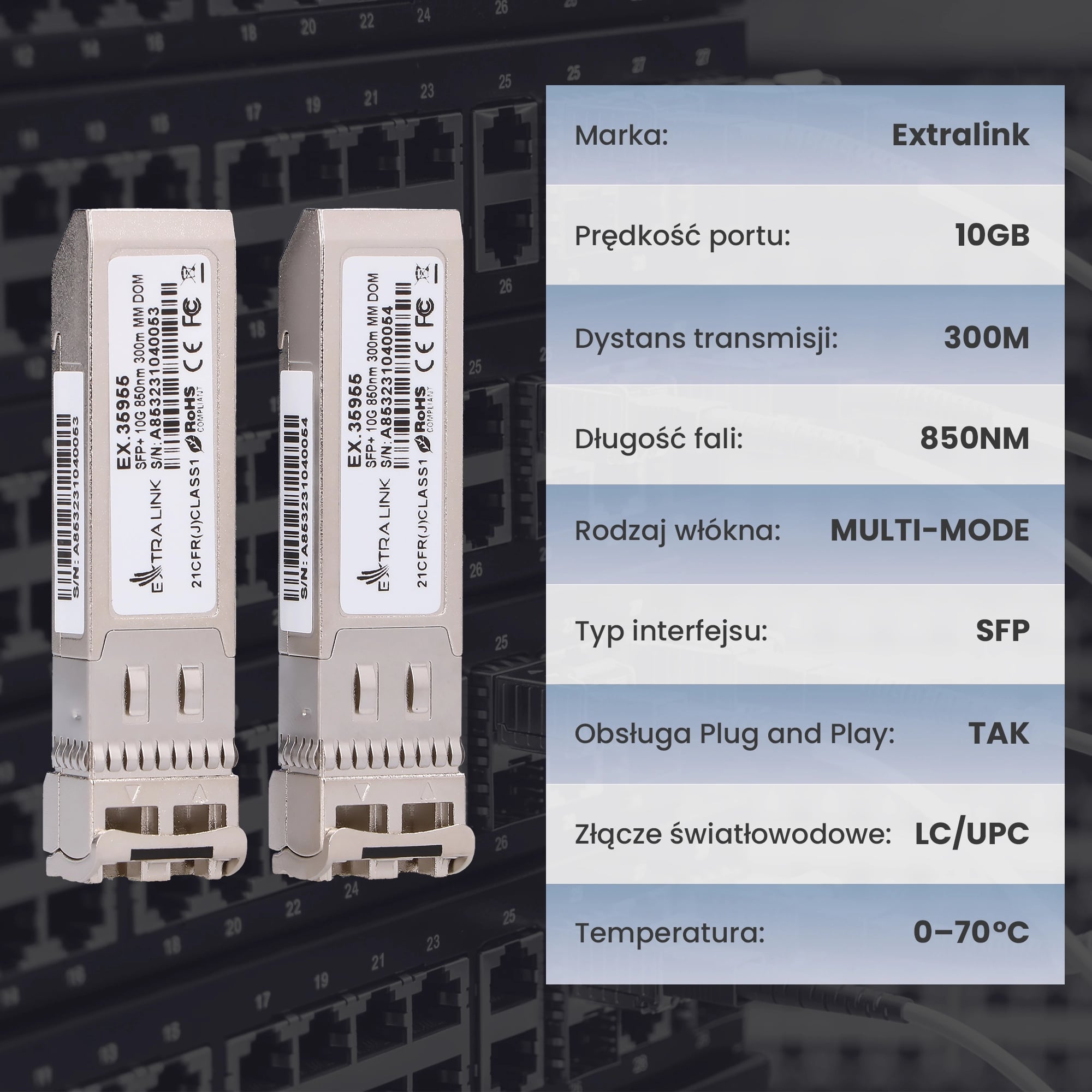 Extralink SFP+ 10G 2-pack | Moduł SFP+ | 10Gbps, LC/UPC, 850nm, 300m, multi mode, DOM, Dedicated to HP/Aruba