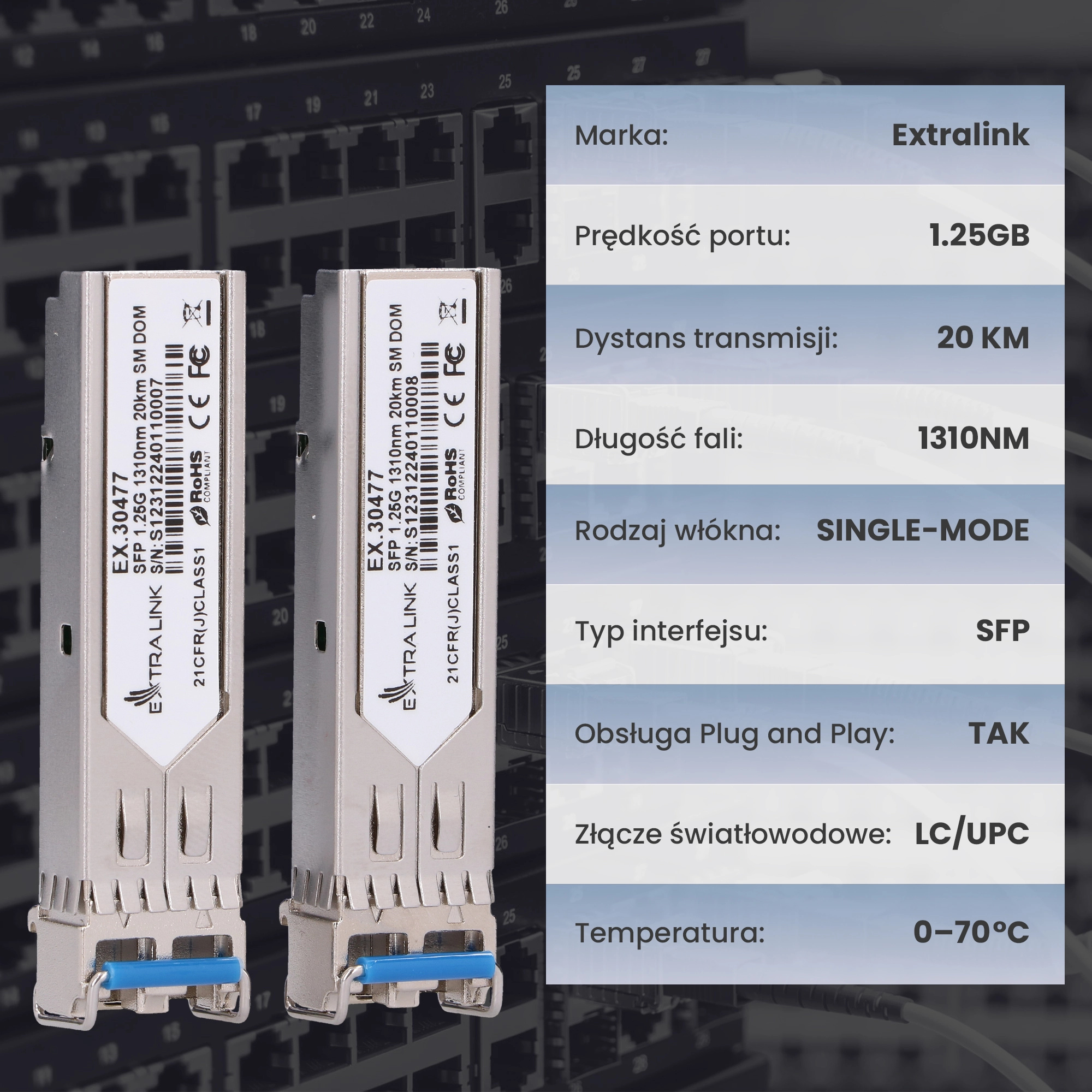 Extralink SFP 1.25G 2-Pack | Moduł SFP | 1,25Gbps, LC/UPC, 1310nm, 20km, single mode, DOM (Dedicated to HP/Aruba)