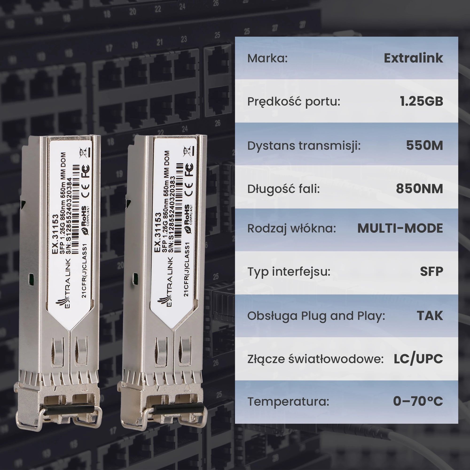 Extralink SFP 1.25G 2-pack | Moduł SFP | 1,25Gbps, LC/UPC, 850nm, 550m, multi mode, DOM