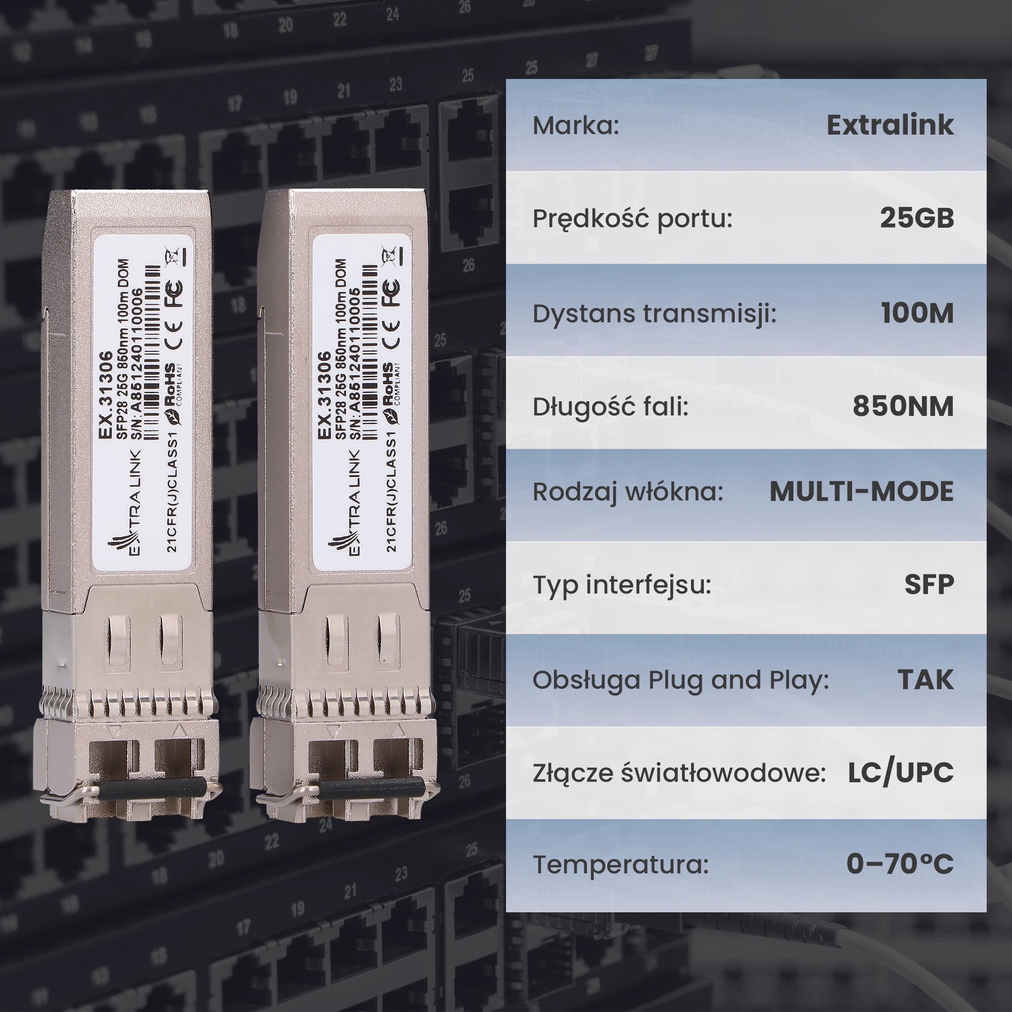 Extralink SFP28 25G 2-Pack | Moduł SFP28 | 25Gbps, LC/UPC Duplex, 850nm, 100m, multi mode, DOM