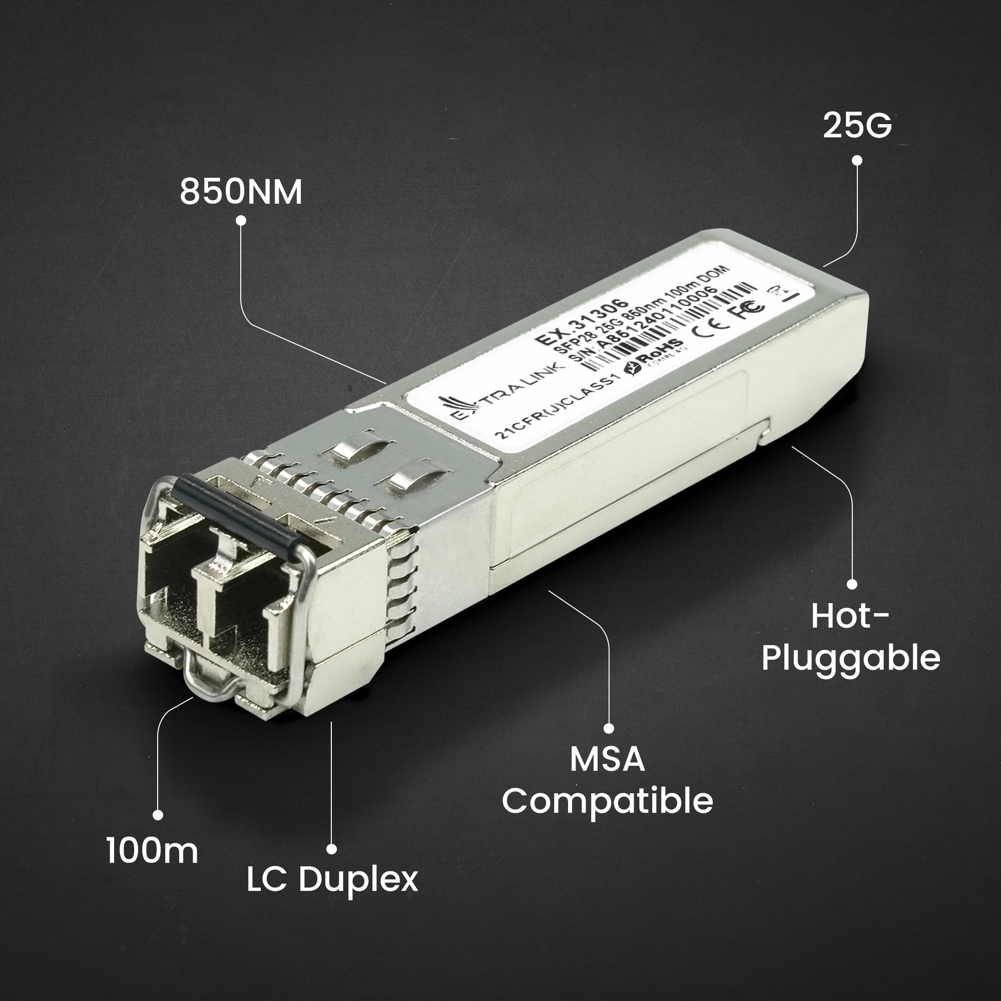 Extralink SFP28 25G 2-Pack | Moduł SFP28 | 25Gbps, LC/UPC Duplex, 850nm, 100m, multi mode, DOM