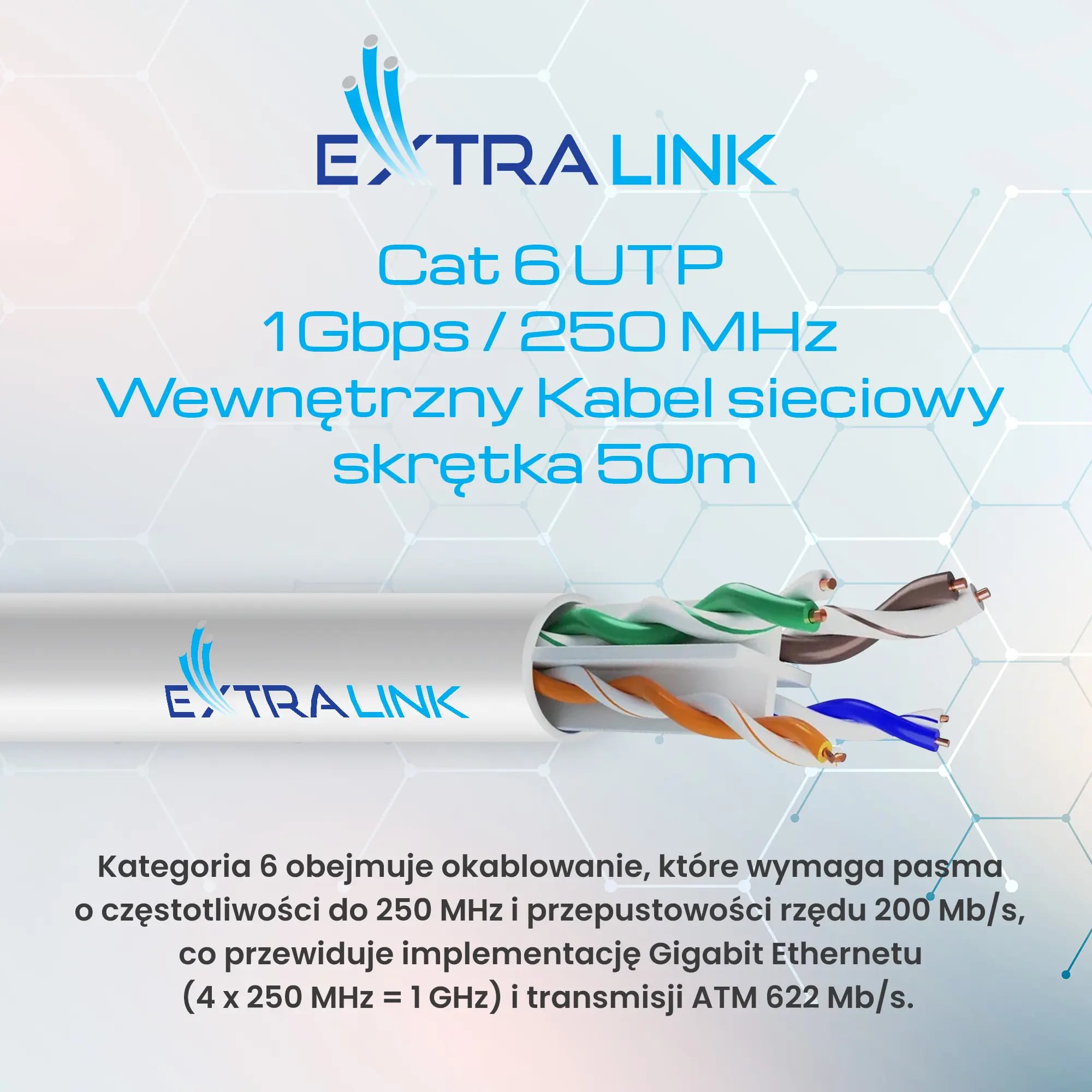 Extralink CAT6 UTP (U/UTP) Wewnętrzny | Kabel sieciowy skrętka | 50M