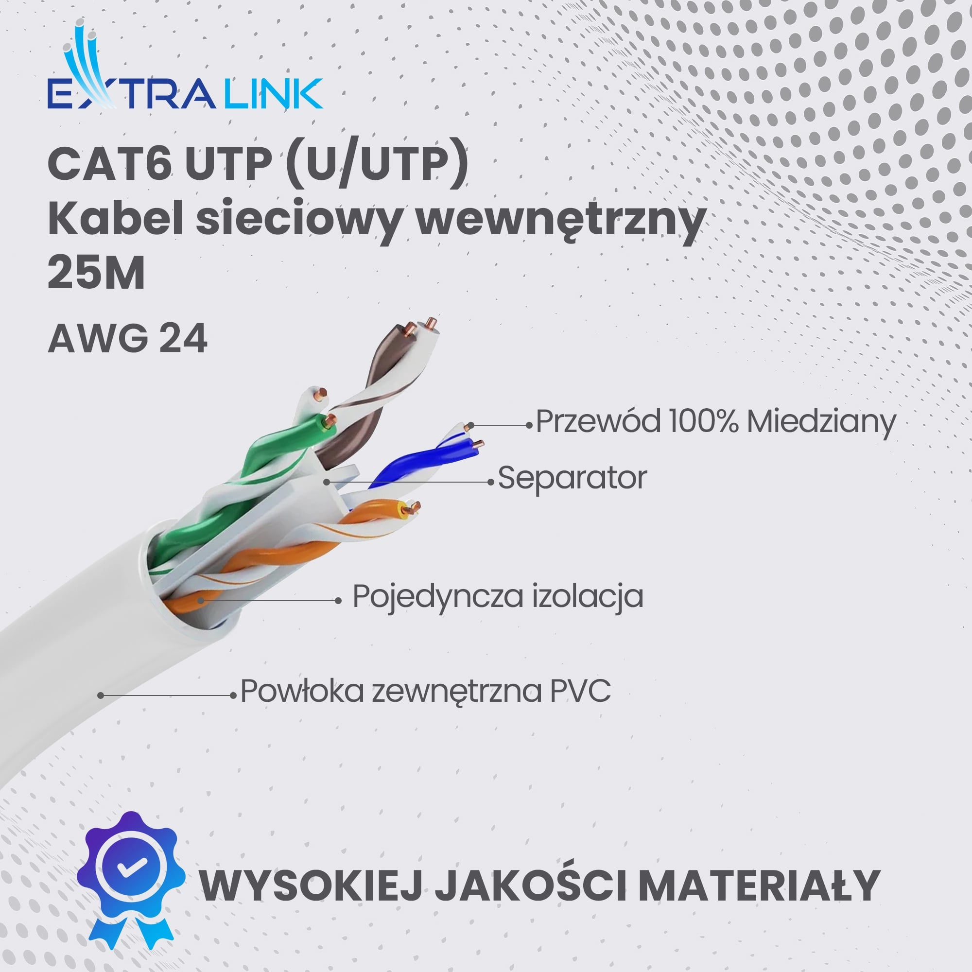 Extralink CAT6 UTP (U/UTP) V2 Wewnętrzny | Kabel sieciowy skrętka | 25M
