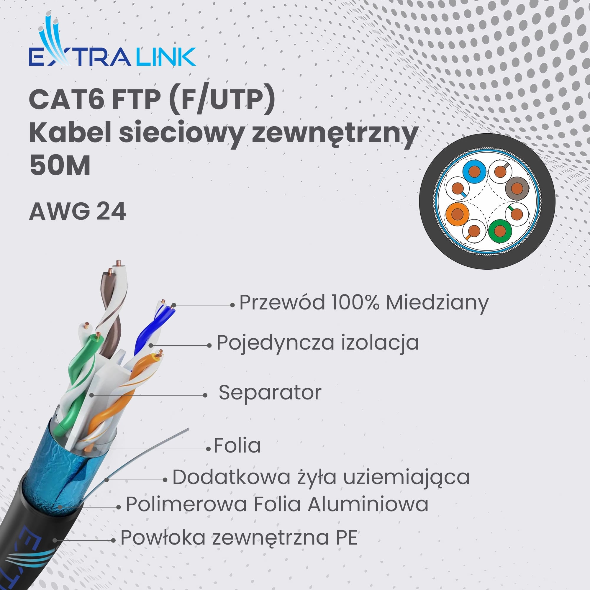 Extralink CAT6 FTP (F/UTP) V2 Zewnętrzny | Kabel sieciowy skrętka | 50M
