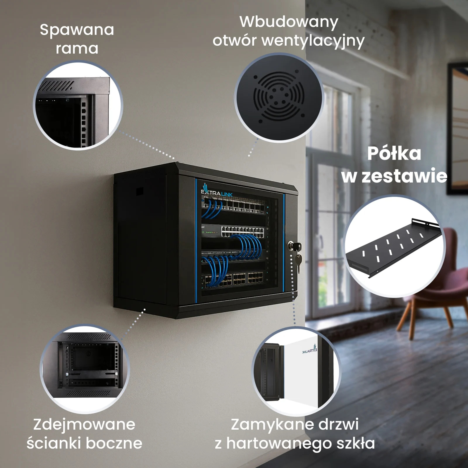 Extralink Lite 4U 530x400 Czarna | Szafa rack | montowana na ścianie, półka w zestawie