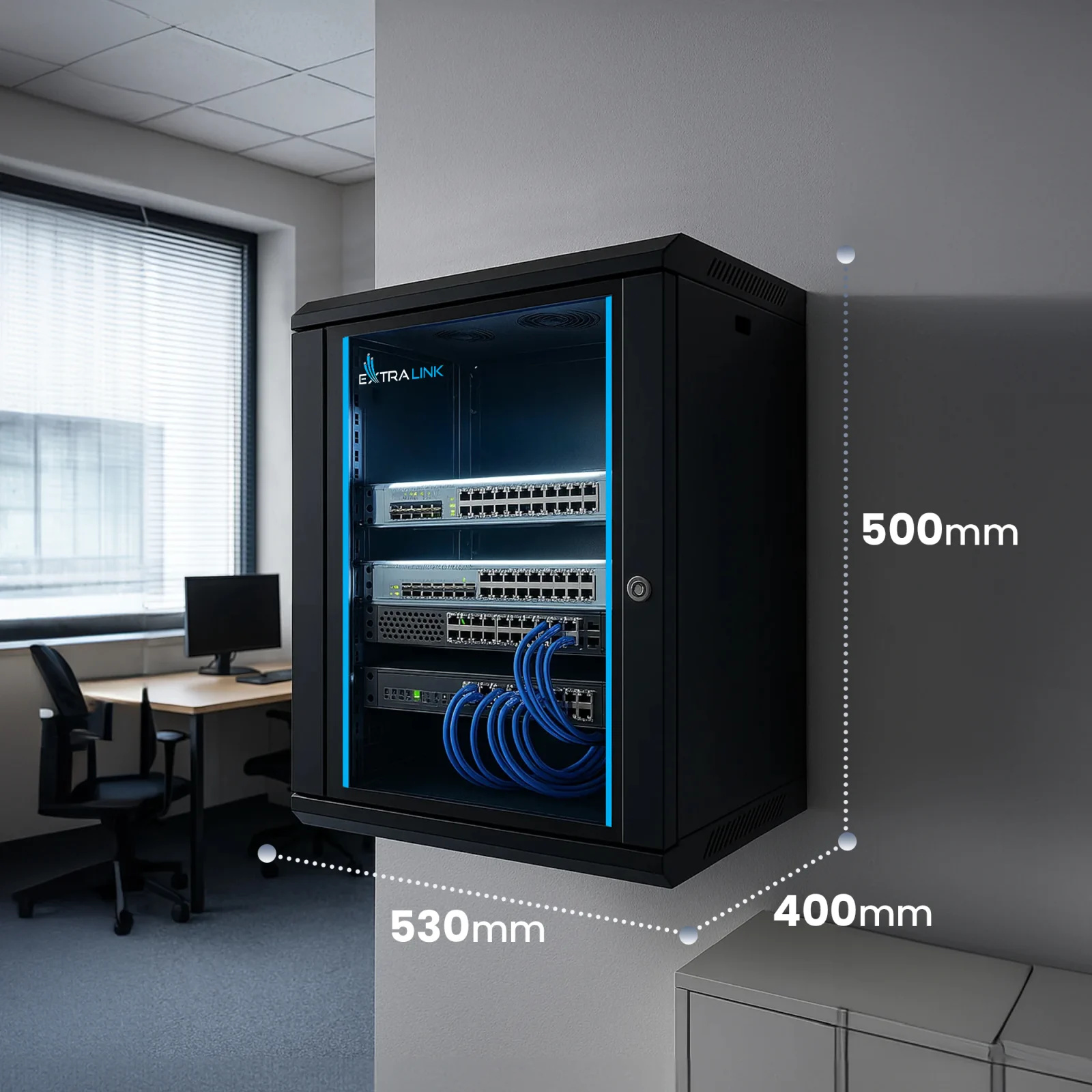 Extralink Lite 9U 530x400 Czarna | Szafa rack | montowana na ścianie, półka w zestawie