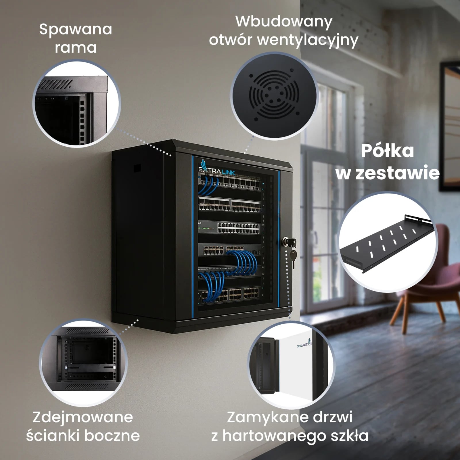 Extralink Lite 9U 530x400 Czarna | Szafa rack | montowana na ścianie, półka w zestawie