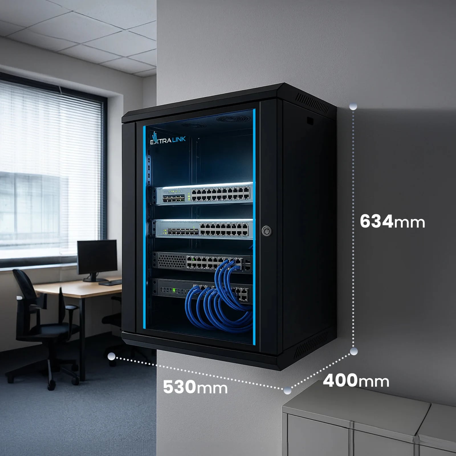 Extralink Lite 12U 530x400 Czarna | Szafa rack | montowana na ścianie, półka w zestawie