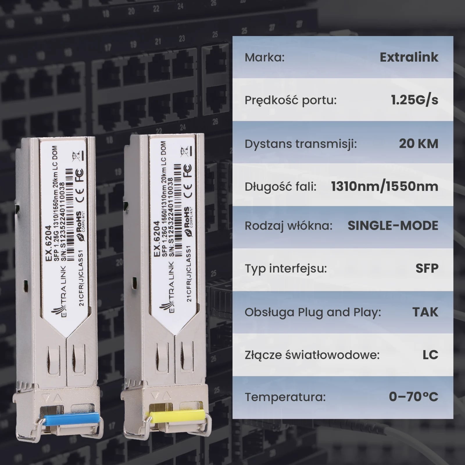 Extralink SFP 1.25G | Moduł SFP WDM | 1,25Gbps, 1310/1550nm, single mode, 20km, LC, DOM, para