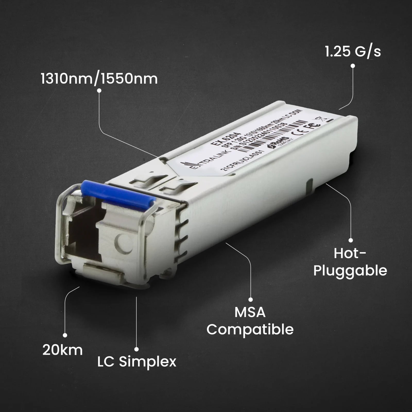 Extralink SFP 1.25G | Moduł SFP WDM | 1,25Gbps, 1310/1550nm, single mode, 20km, LC, DOM, para