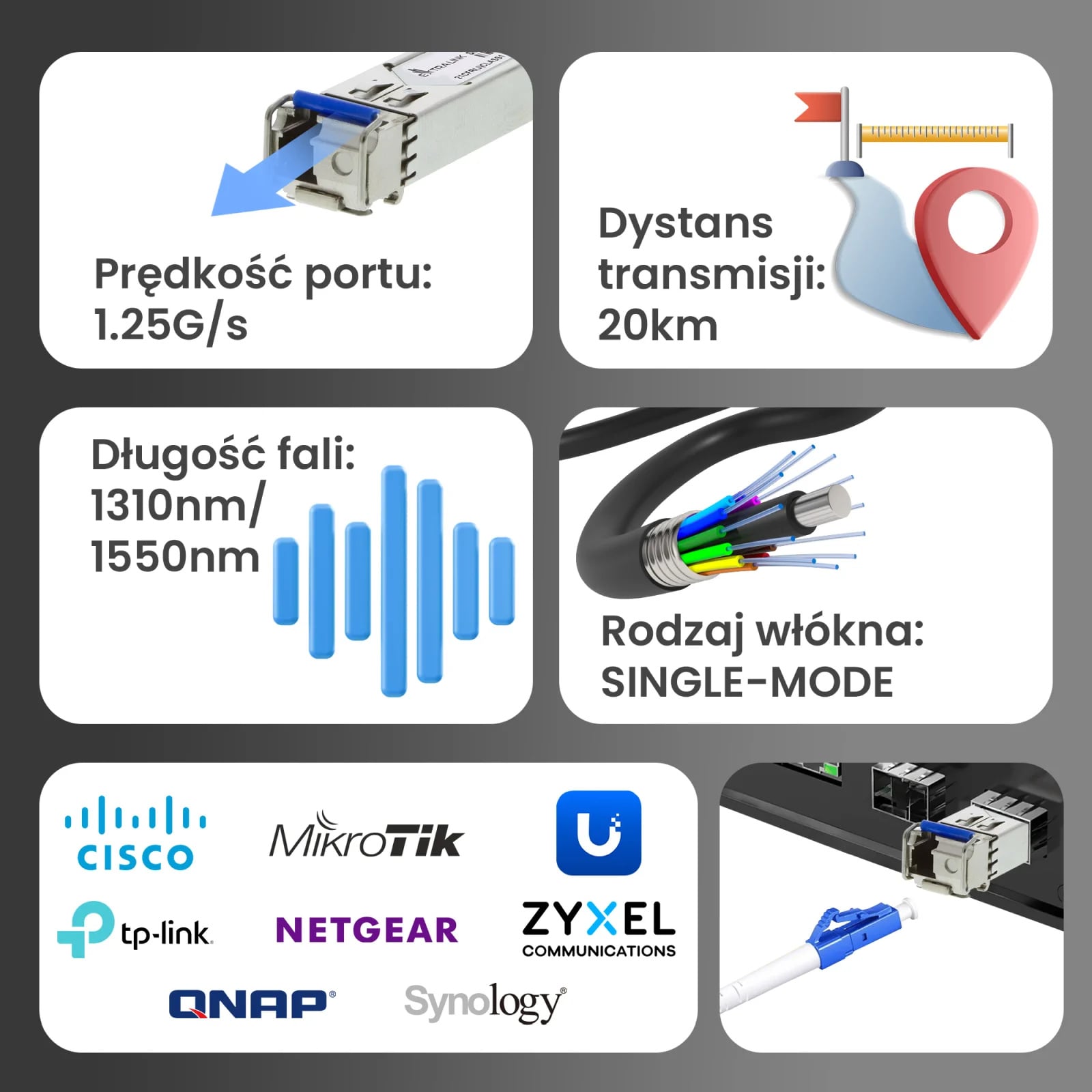 Extralink SFP 1.25G | Moduł SFP WDM | 1,25Gbps, 1310/1550nm, single mode, 20km, LC, DOM, para