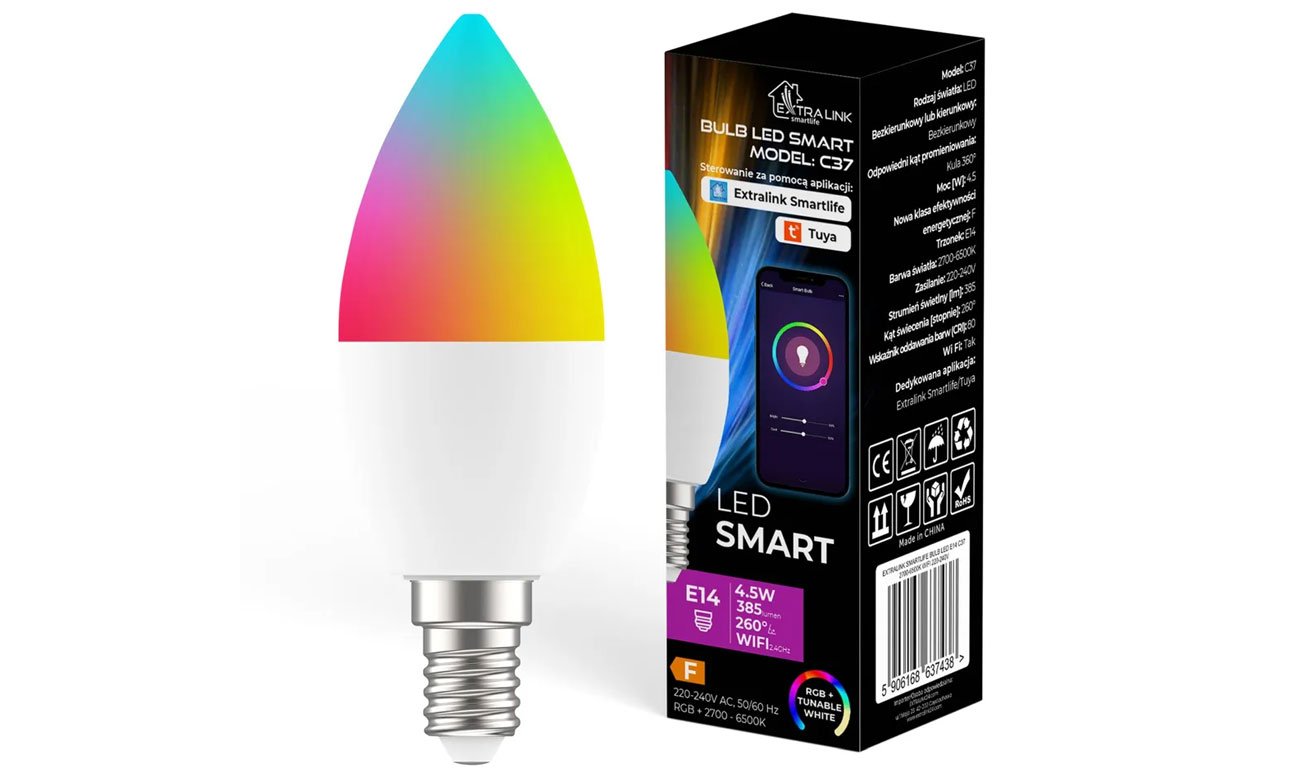 Inteligentna żarówka LED ExtraLink Smartlife C37 (E14) - Widok ogólny wraz z opakowaniem