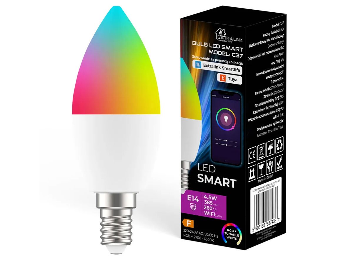 Inteligentna żarówka LED ExtraLink Smartlife C37 (E14) - Widok ogólny wraz z opakowaniem
