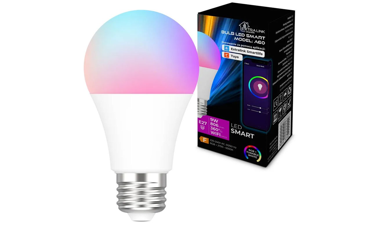 Inteligentna żarówka LED ExtraLink Smartlife A60 (E27) - Widok ogólny wraz z opakowaniem
