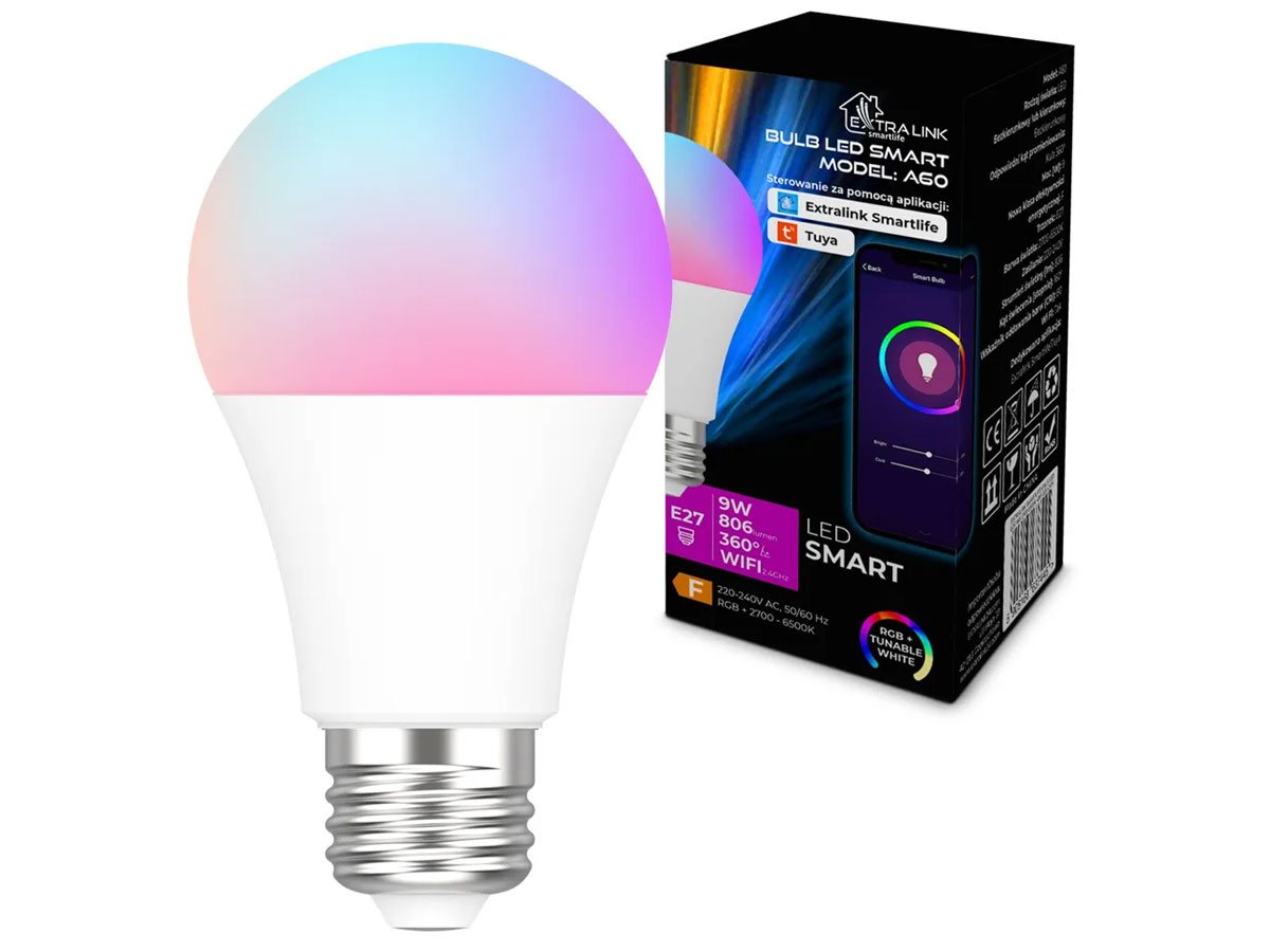 Inteligentna żarówka LED ExtraLink Smartlife A60 (E27) - Widok ogólny wraz z opakowaniem