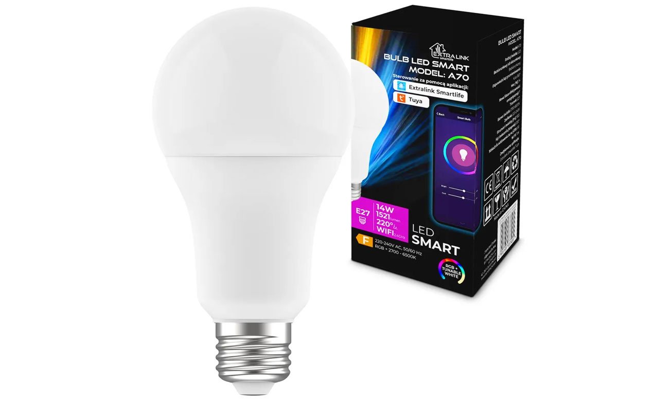 Inteligentna żarówka LED ExtraLink Smartlife A70 (E27) - Widok ogólny wraz z opakowaniem