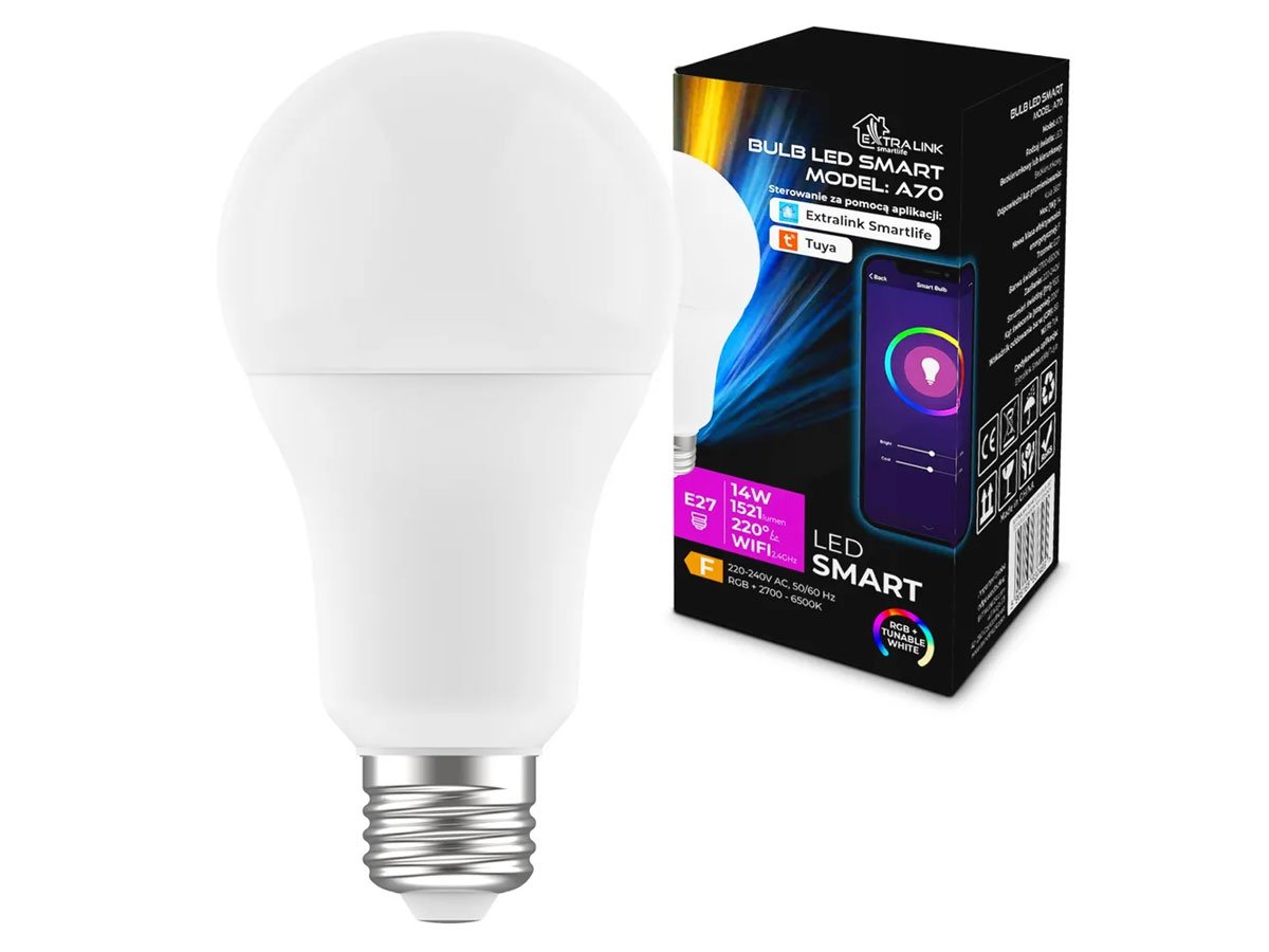 Inteligentna żarówka LED ExtraLink Smartlife A70 (E27) - Widok ogólny wraz z opakowaniem
