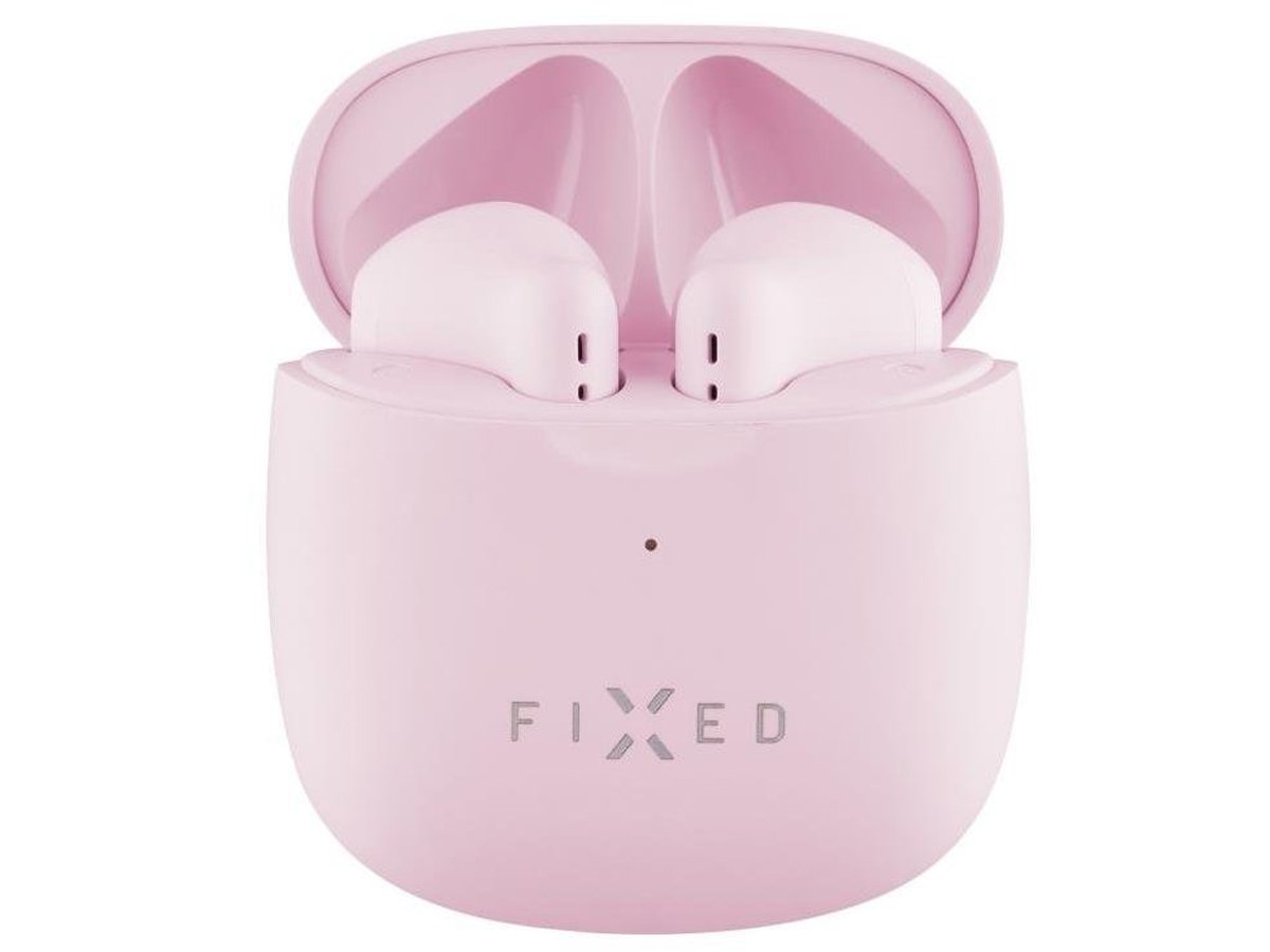 Słuchawki bezprzewodowe FIXED Pods Różowe - Widok od przodu wraz z otwartym etui ładującym