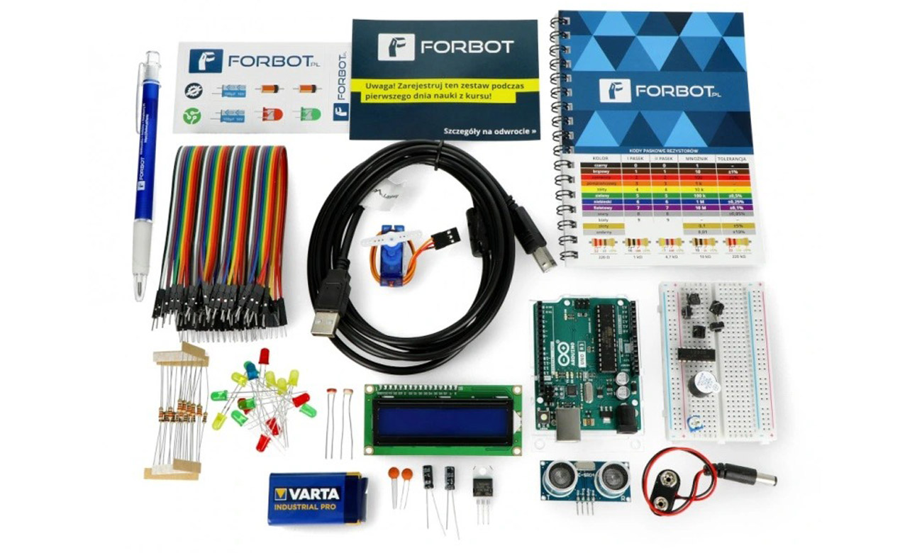 Zawartość zestawu Forbot FOR-20809 do kursu Arduino + materiały edukacyjne